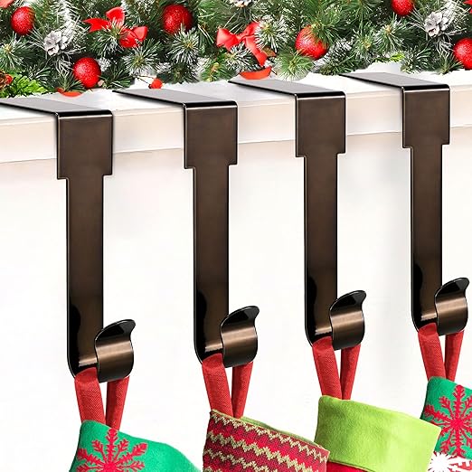 Christmas Stocking Holders for Mantle,4 Pack Adjustable Stocking Holder Non-Skid Stocking Hangers Lightweight Stocking Hooks for Fireplace Home Decor