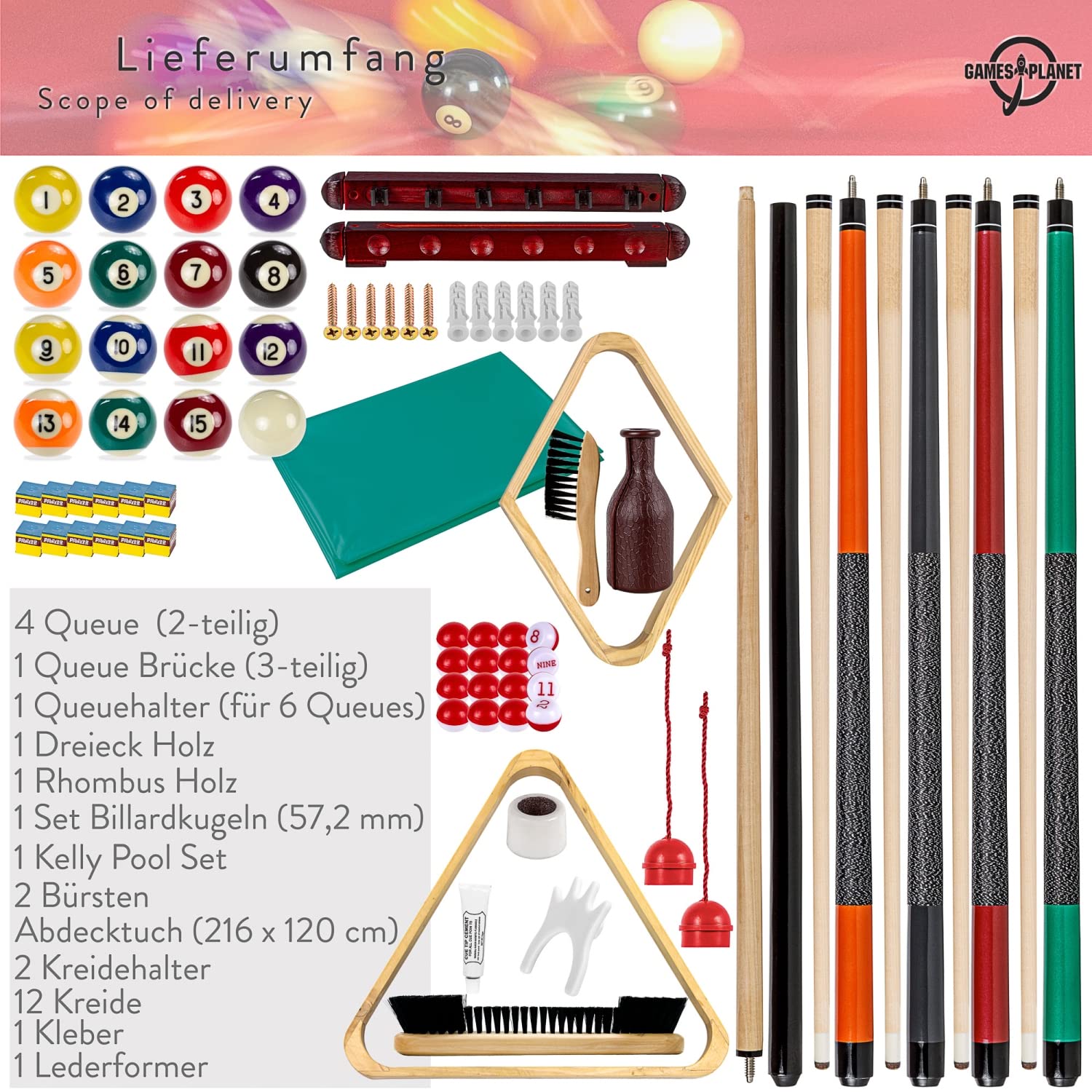 GAMES PLANET Billard-Zubehör-Set All IN ONE - Komplettset inkl. 4 Queues, Billardkugeln, Dreieck und diversen Extras, Snooker