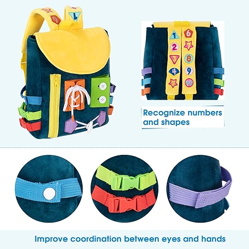 Miniatura 8 de Busy Board - Mochila para niños pequeños con hebillas y juguetes de actividades de aprendizaje, desarrolla habilidades motoras finas y habilidades