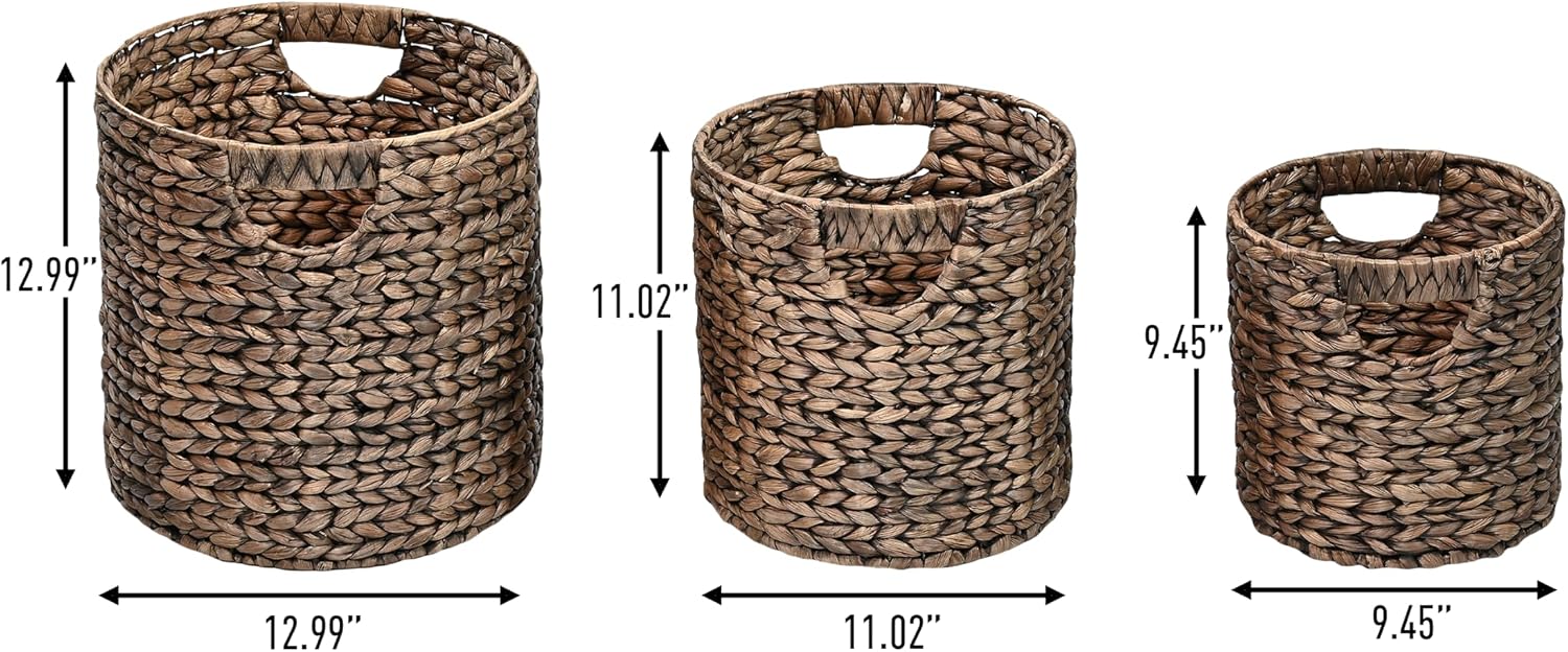 happimess BSK2011B-3SET Avery Bohemian Cottage Handwoven Hyacinth Cylinder Nesting Wicker Storage Baskets with Handles, Brown (Set of 3), Seagrass Containers for Decoration in Living Room, Bedroom