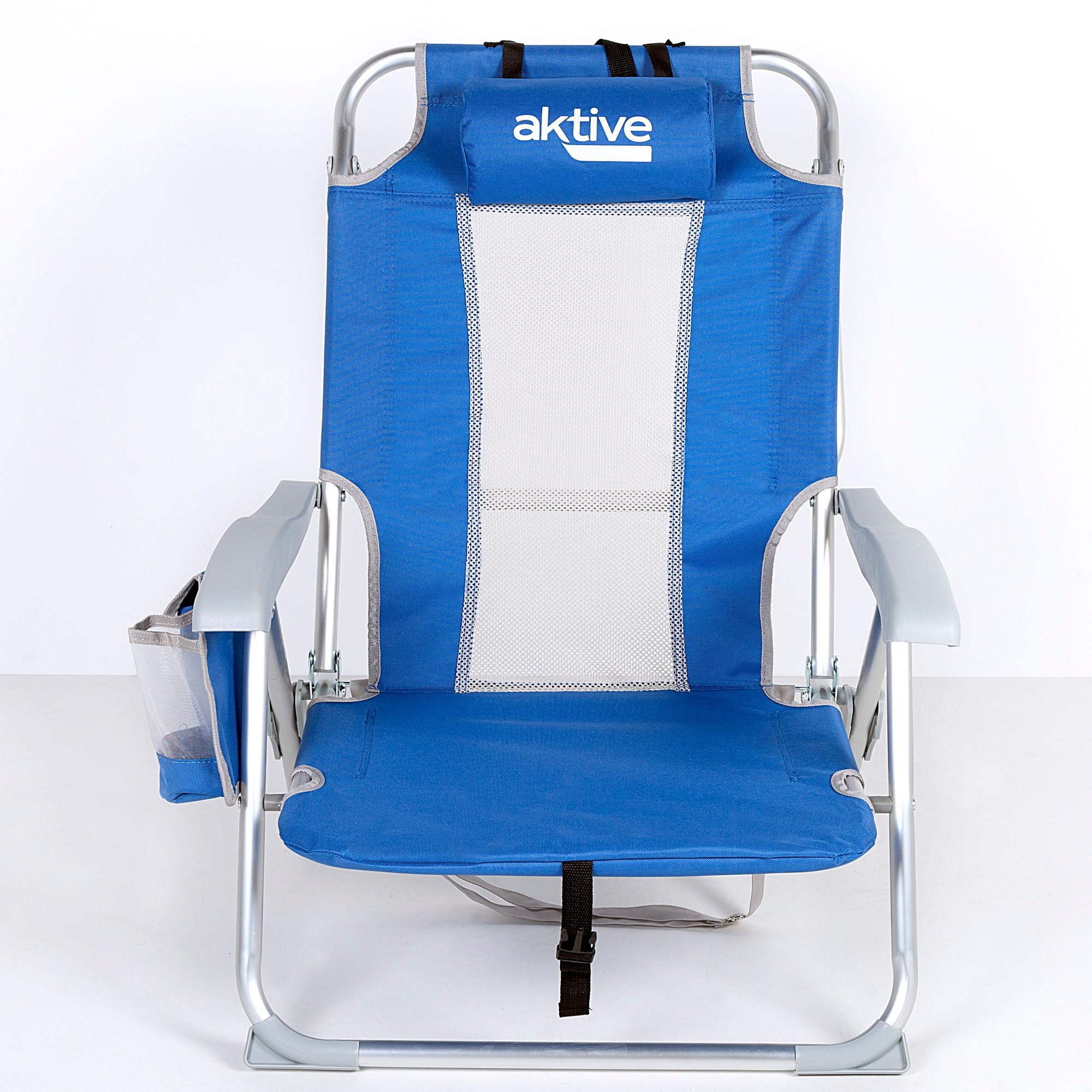 AKTIVE Sedia da spiaggia pieghevole e reclinabile 7 posizioni, Misure 49x56x78 cm, Con tasche, rete traspirante e cuscino, Blu e grigio, Antiribaltamento, Materiale alluminio, Max. 110 kg (62656)