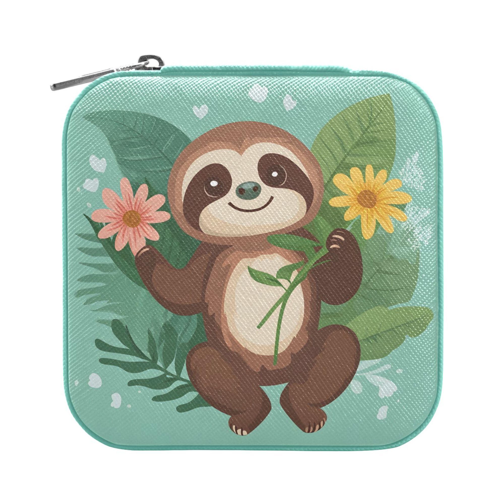 MNSRUU Small Jewelry Box Storage and Organizer Cute Sloth Flower Mini Travel Jewelry Case Portable Earring Ring Organizer Boxes for Women Girls, Green
