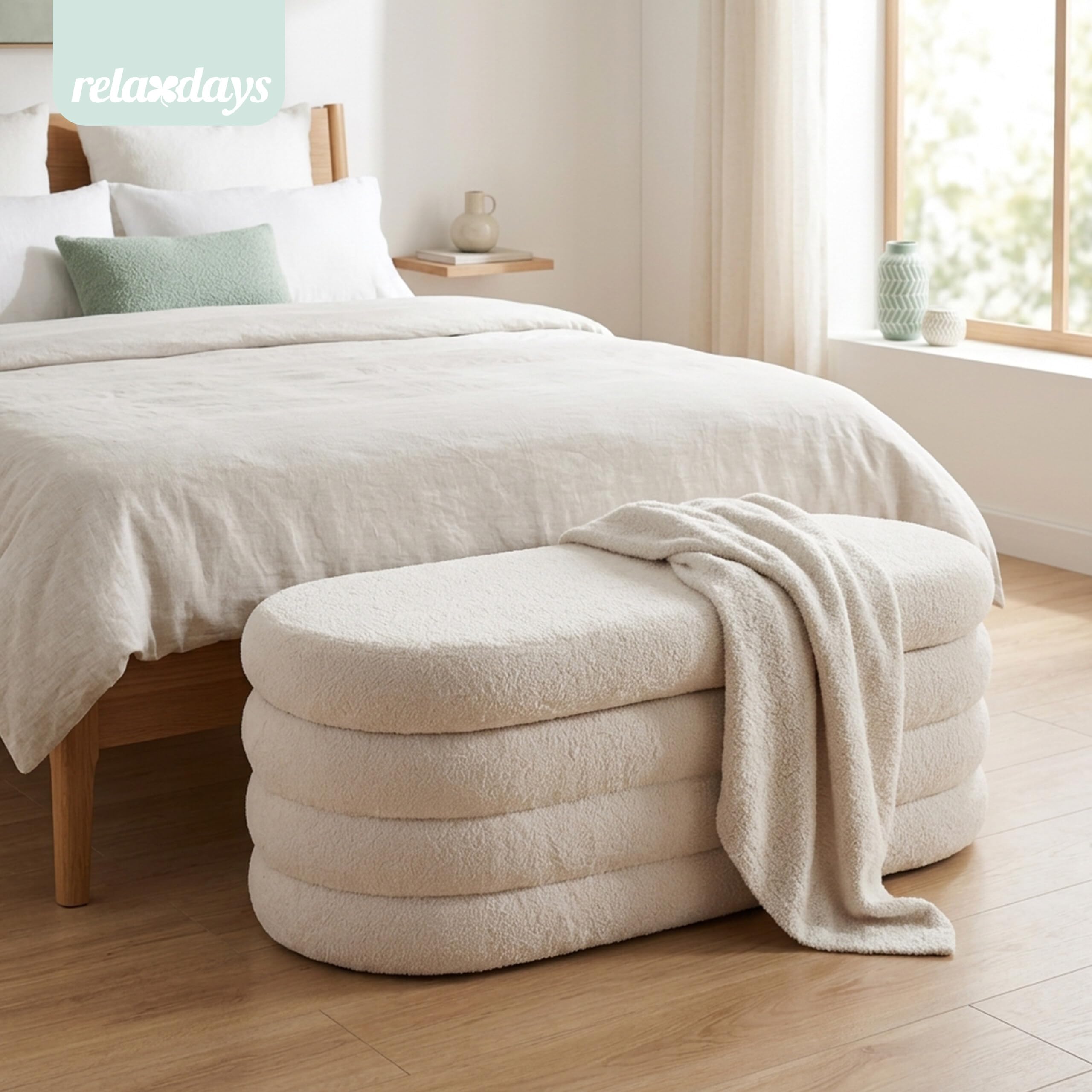 Relaxdays Sitzbank, Teddystoff, Stauraum, gepolstert, Flur, Schlafzimmer, HBT: 42 x 110 x 45 cm, Bouclé Sitztruhe, Creme