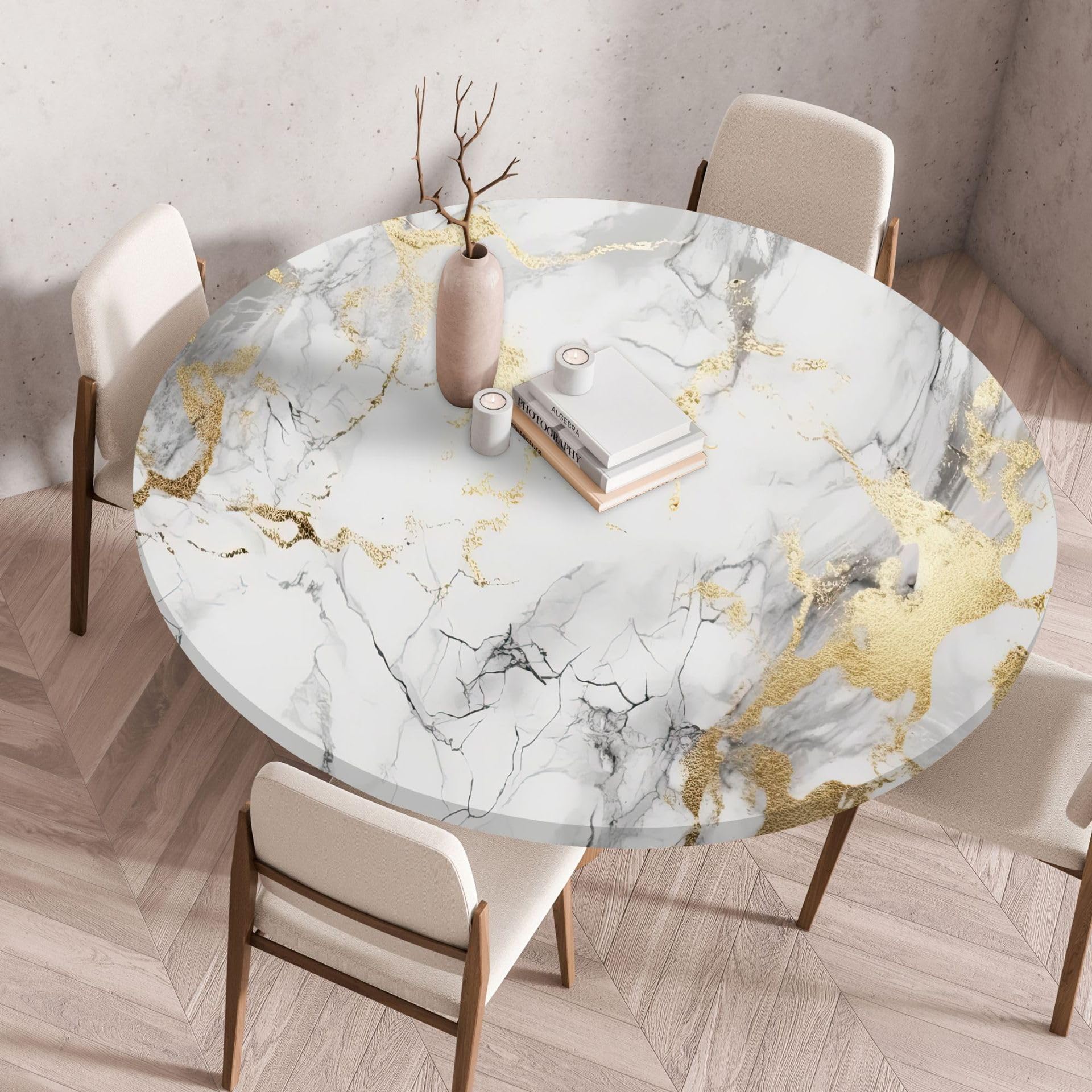 Chickwin Round Waterproof Table Cloth Wipe Clean Elastic Edged Fitted Tablecloths, Simple Marble Tablecloth Heat Resistant Round Tablecloths for Holiday, Party, Birthday (Diameter 60cm,White Gold)