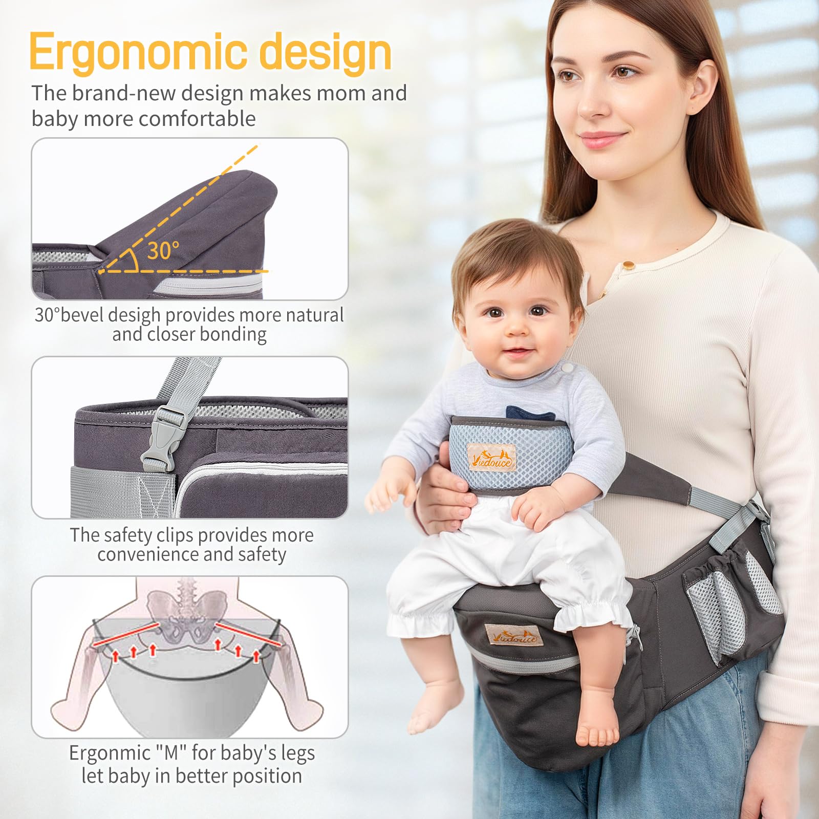 Viedouce Baby Hüftsitz Ergonomische mit Sicherheitsgurt Schutz,Reine Baumwolle Leicht und atmungsaktiv,Ergonomischer Leichte Taille Hocker Baby Hüftsitz für 4-36 Monate (Dunkelgrau)