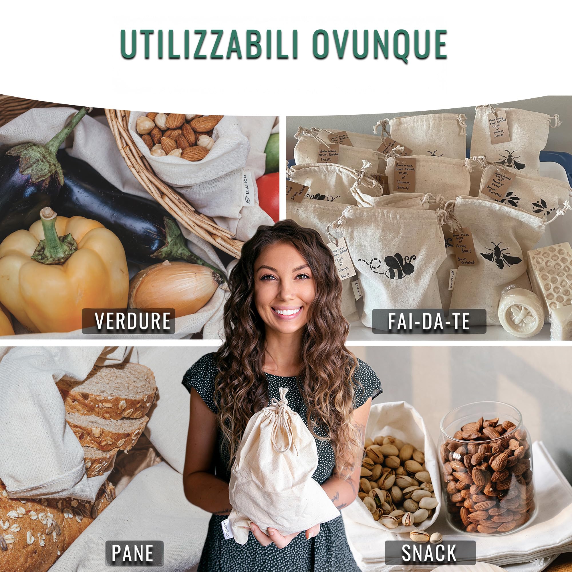 Sacchetti Riutilizzabili In Cotone - 12 Pezzi 25x30cm, Con Coulisse, Biodegradabili, Per Pane, Verdure, Multiuso