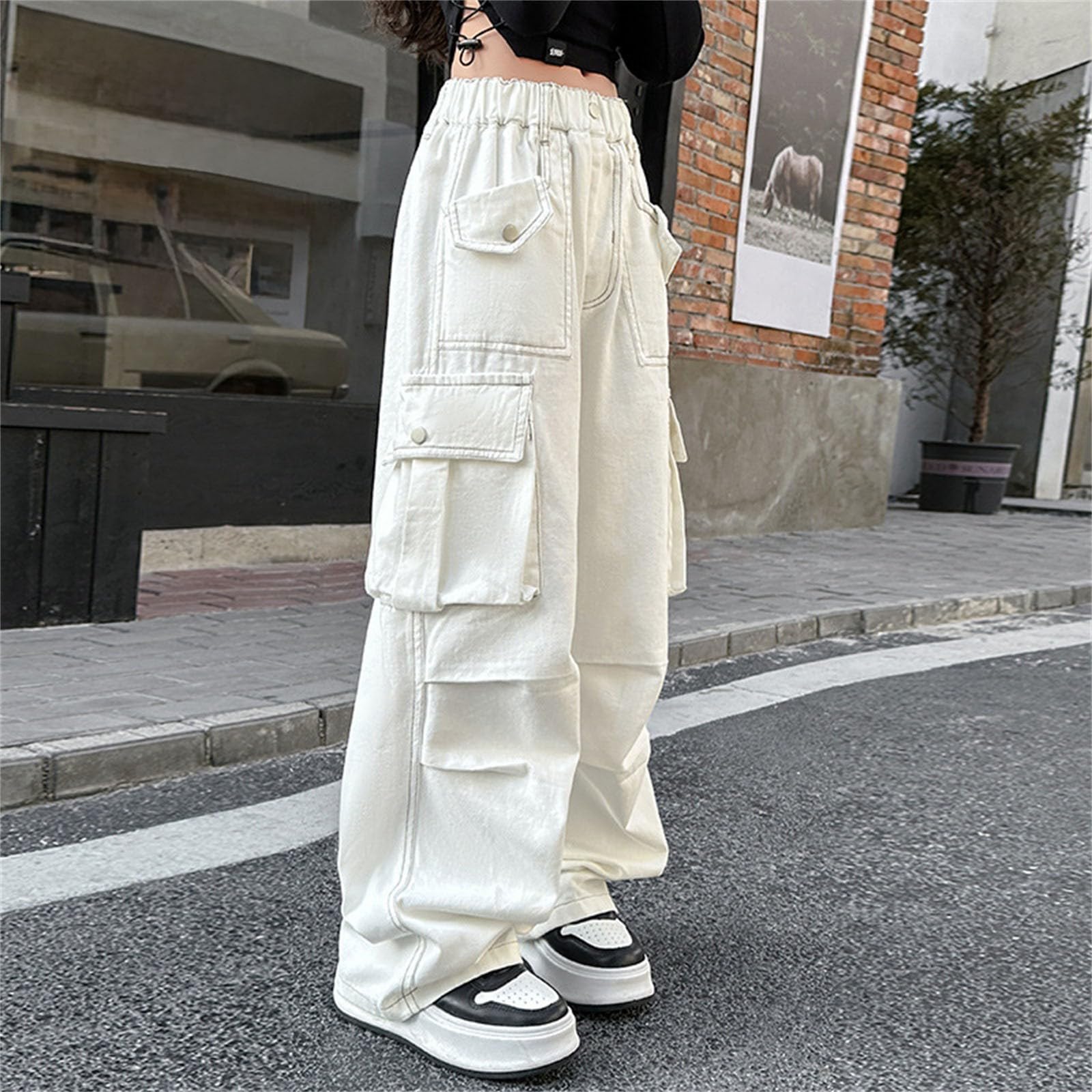Pantalones deportivos holgados de pierna ancha Y2K para niñas, pantalones deportivos casuales con bolsillos, cintura alta elástica, pierna recta, pantalones personalizados