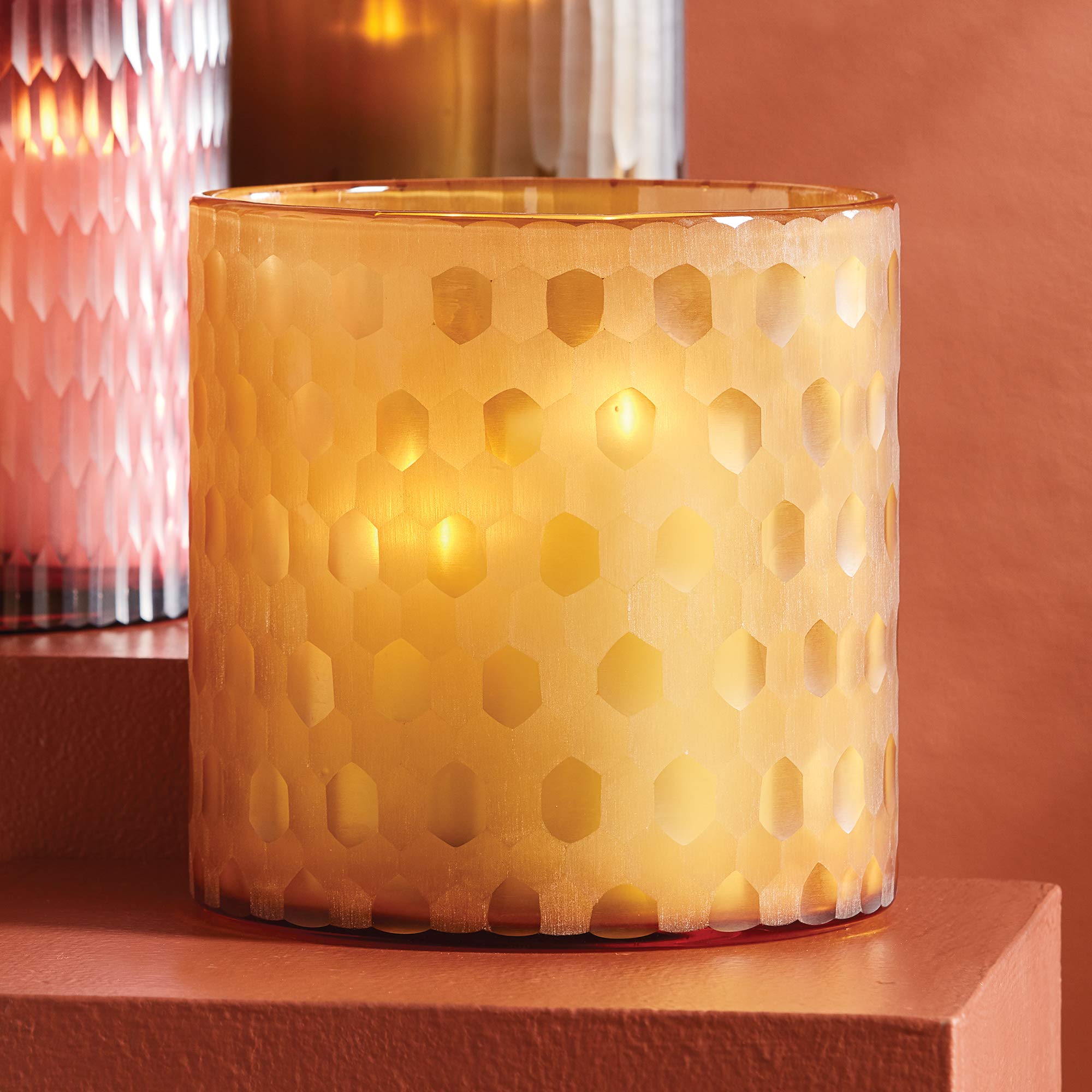 Contemporary Honey Amber Textured Glass Hurricane Candle Holder Hexagon Round