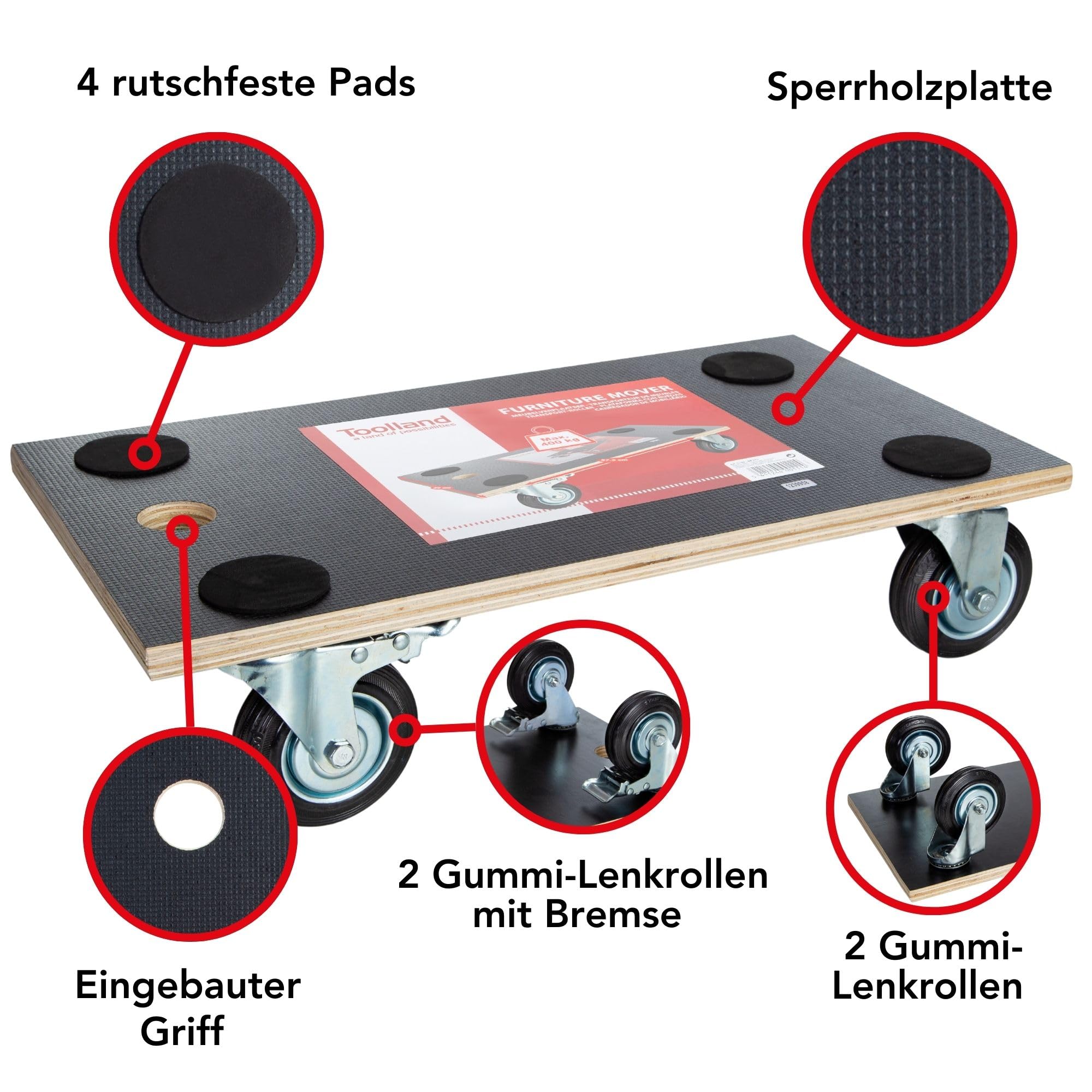 Toolland - QT111 Transport-Roller, Max Tragkraft 400 kg, 575 mm x 300 mm Abmessungen 175682, Mehrfarbig, (L x B) 575 mm x 300 mm