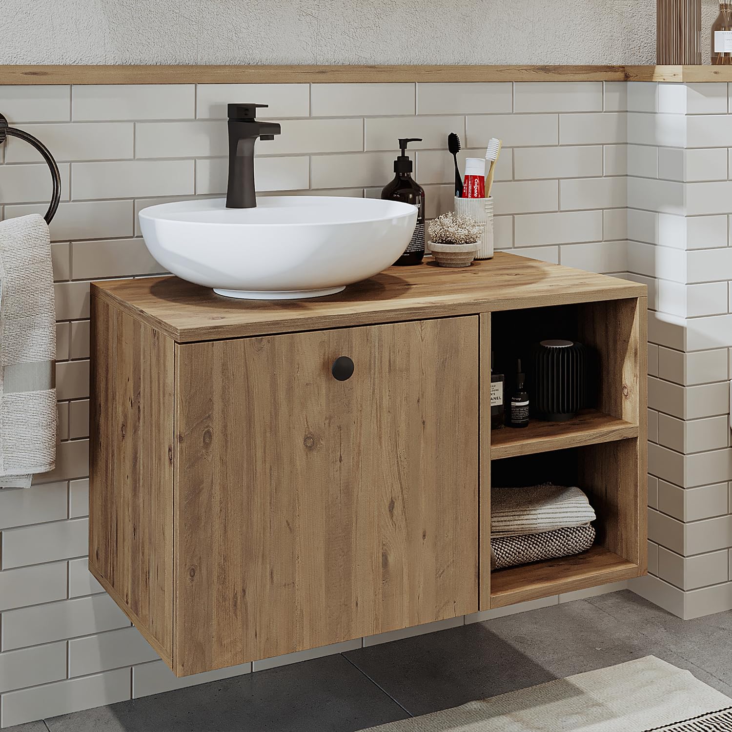 ROOMART Badezimmermöbel Set Lotus 75 cm 4 Teilig mit Keramik Waschbecken (Eiche, Unterschrank mit Waschbecken)