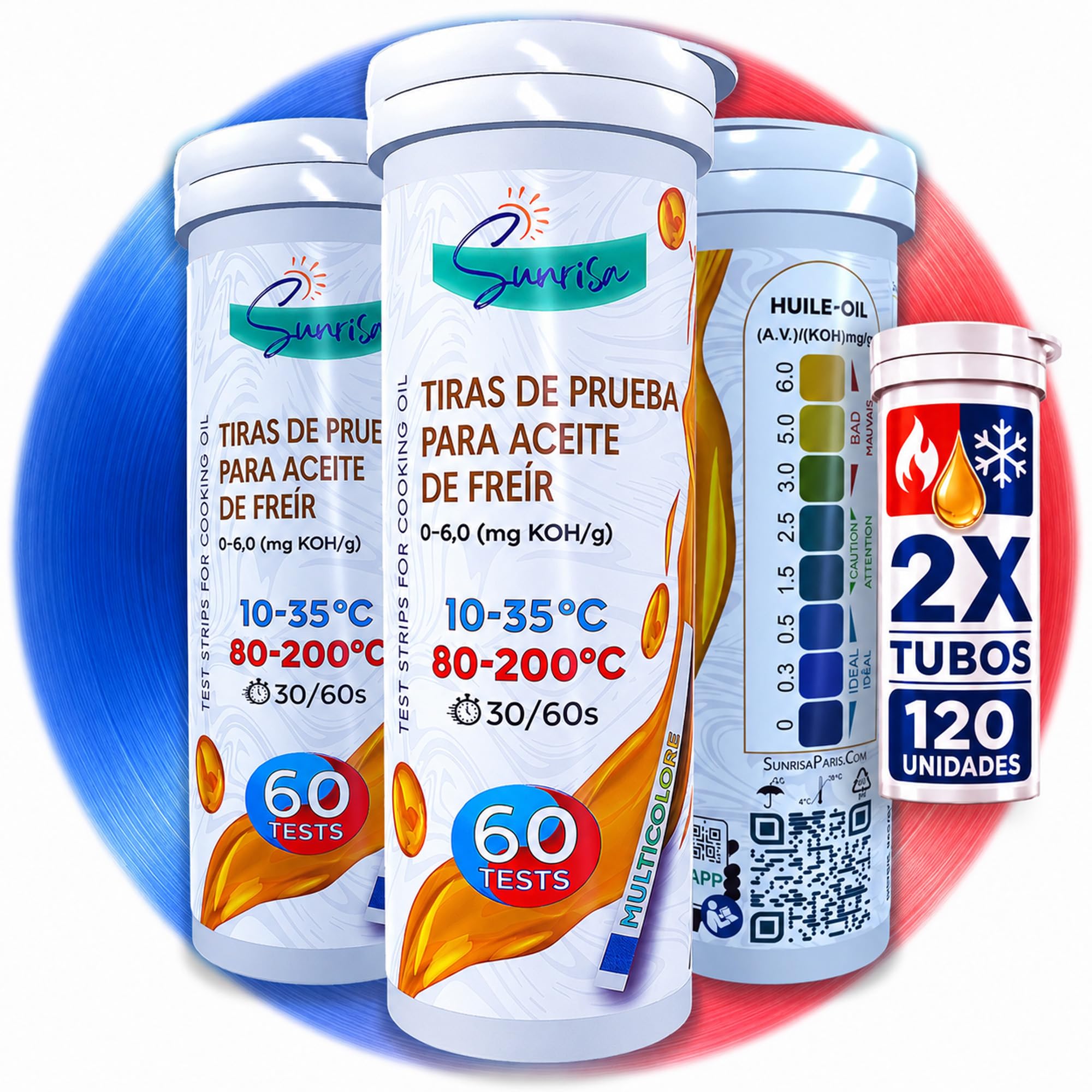 CALOR&FRÍO | 120 Tiras Reactivas Aceite Freidora y Fritura | Medir en solo 30seg | 2 Tubos Larga Conservación | Certificación ISO 9001 | Cumple APPCC | APP Web FFA KOH Pro