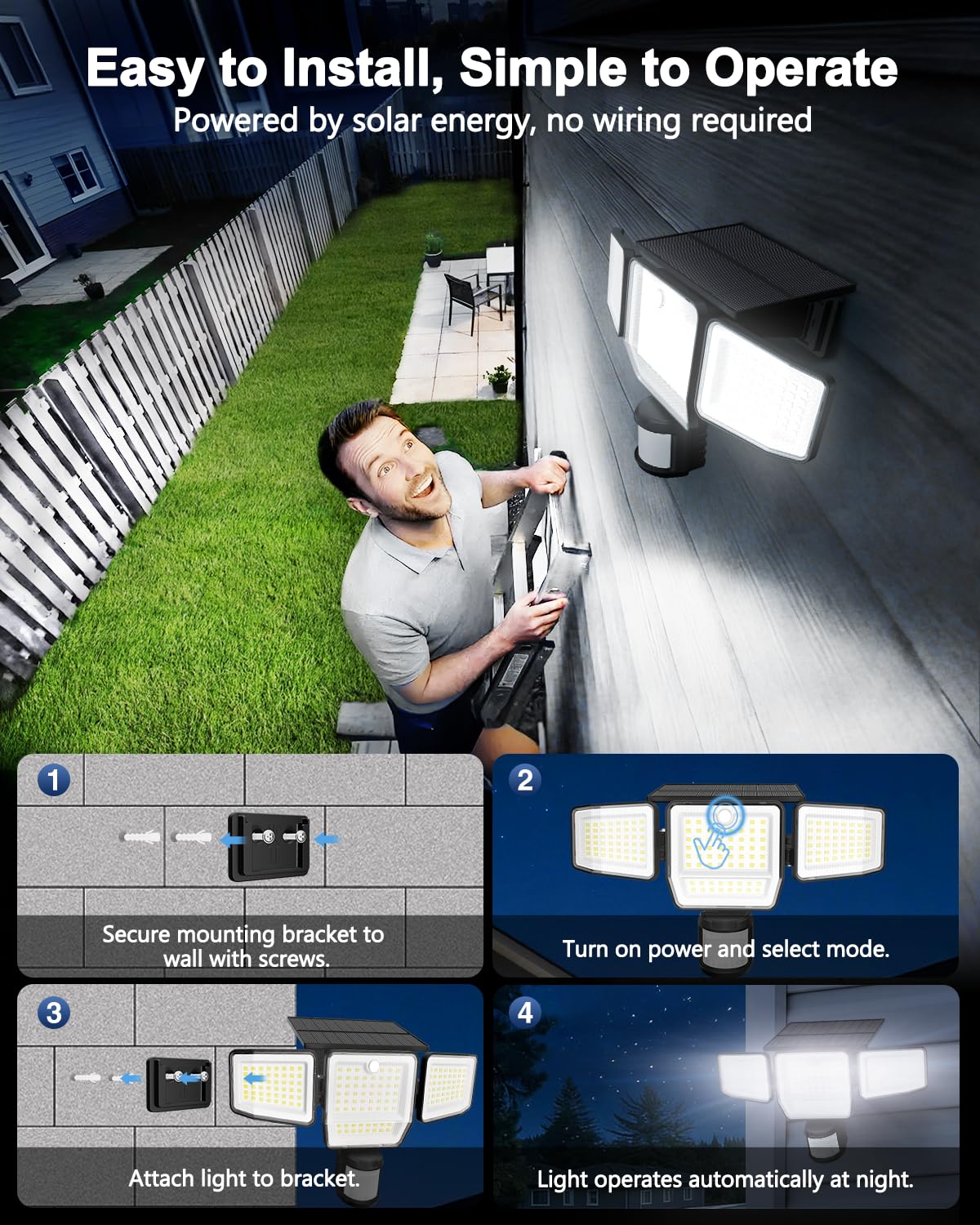 6000LM Solar Lights Outdoor, 4 Heads Motion Sensor Outdoor Lights, Solar Flood Lights for Yard House Outside Garage, IP65 Waterproof, 3 Modes, Easy Install, 2 Pack - 2