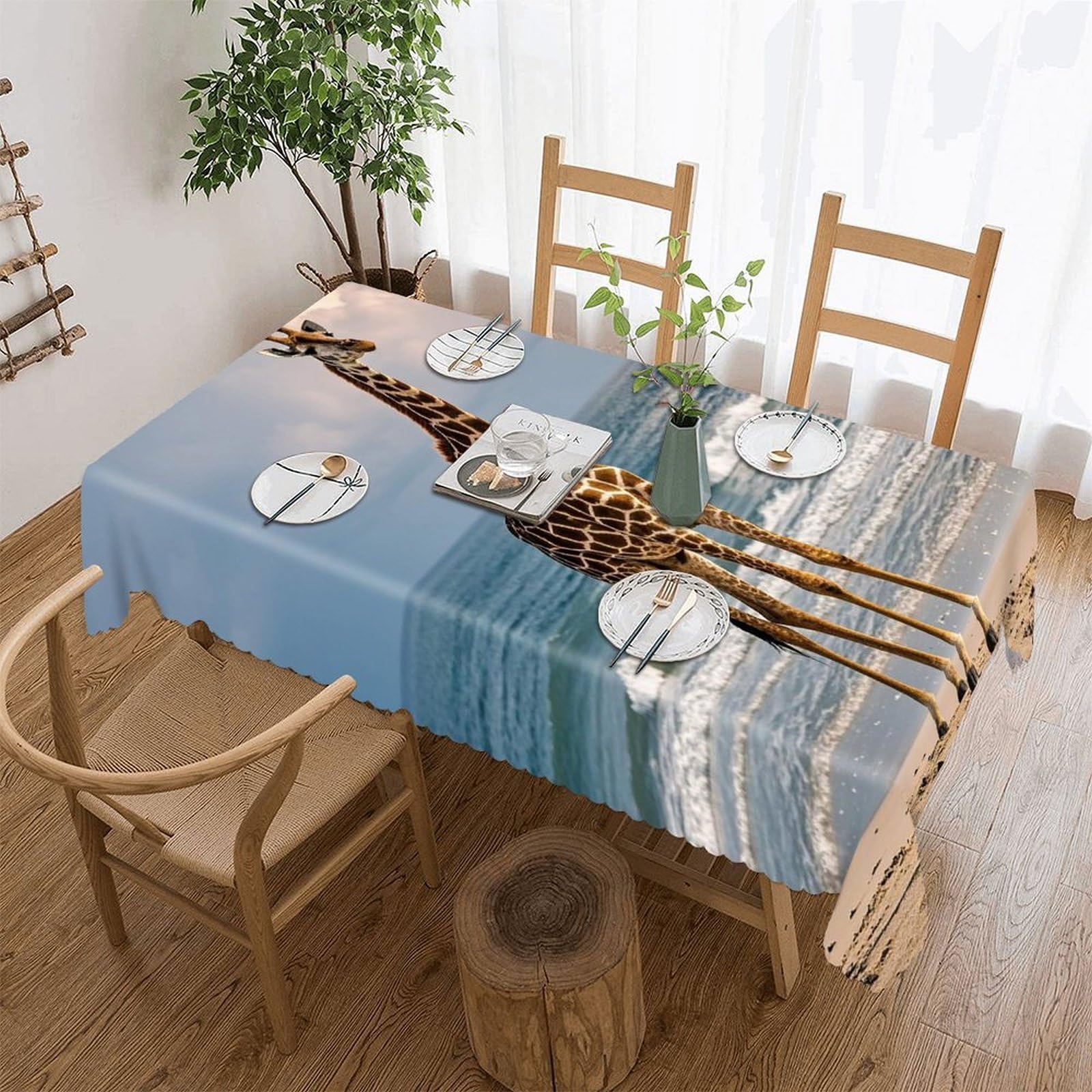 Giraffe on The Beach Tablecloth Rectangle Table Cloth Decorative Fabric Table Cover Waterproof Seasonal Table Cover Wrinkle Resistant Washable Table Cloth for Party Picnic Dinner Decor 55"x70"