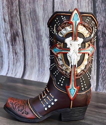 Miniatura 8 de Ebros Gift Rústica Country Western Cow Skull Turquesa Cruz y Alambres de púas de cuero sintético de vaquero Bota de vaquero decorativa florero o