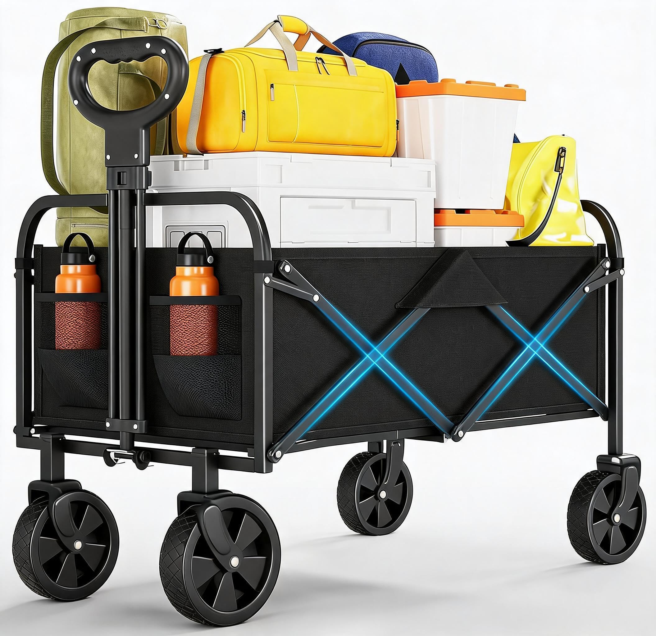 Carrello pieghevole con freno, carrello a mano, pieghevole, 220 l, 172 kg, 360°, tasca laterale, carrello a mano con manico regolabile, perfetto da giardino, da campeggio, da spiaggia