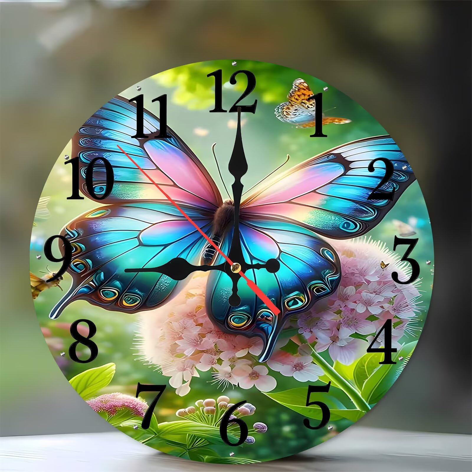 Horloge murale décorative silencieuse en bois fleurs et papillons