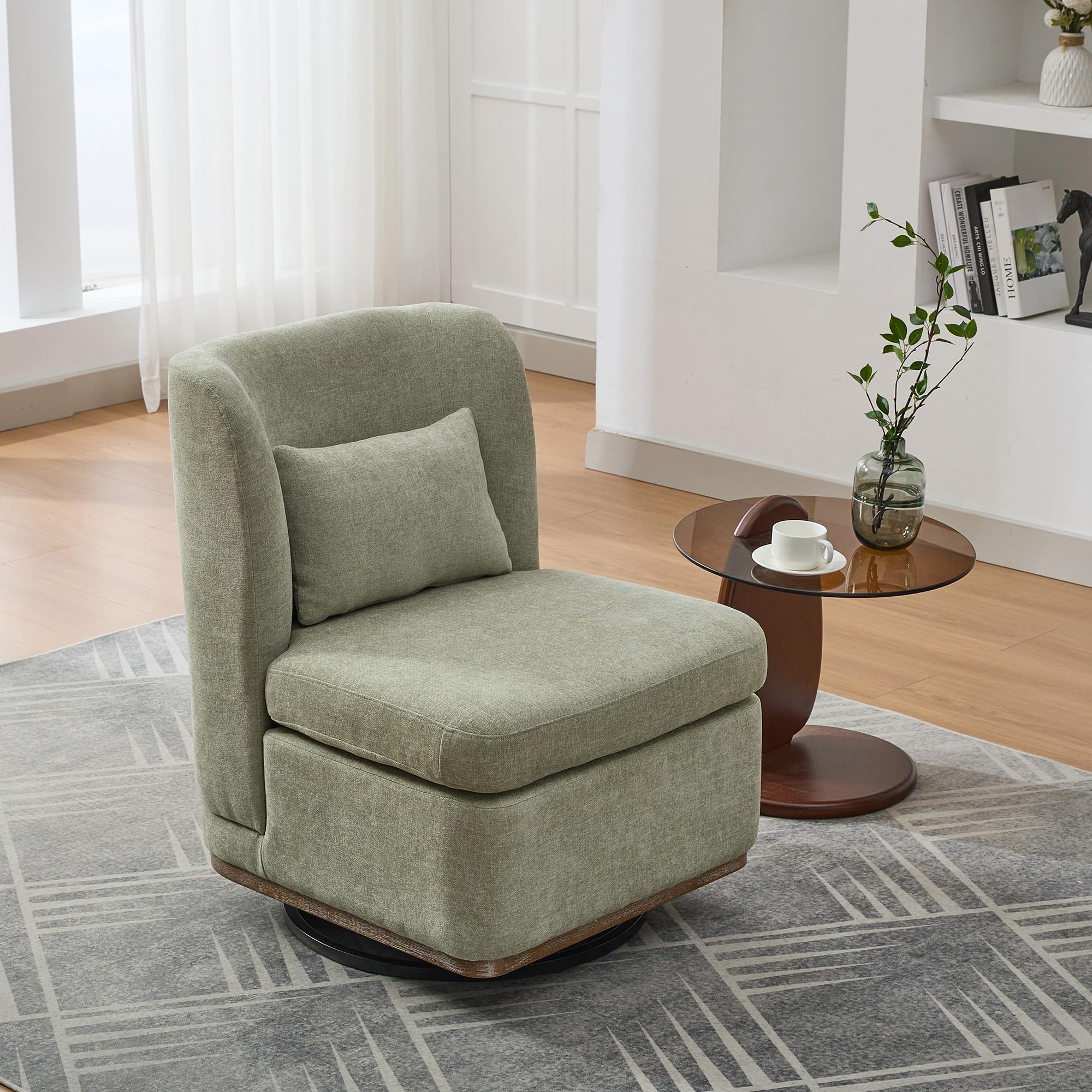 Modern Swivel Accent Chair 25.2 "Wide Chenille Upholstered Armless Sofa Chair with Pillow, 360° Swivel Reading Chair with Metal Base for Living Room