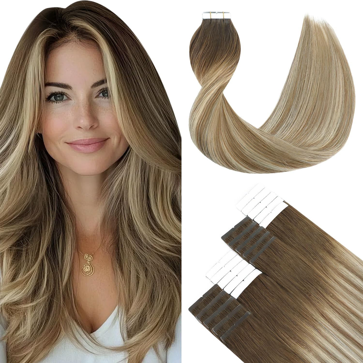 SURNEL Extensiones Adhesivas Pelo Natural Marrón Más Oscuro Desvaneciendo a Marrón Ash Resaltado con Rubio 55cm 50g 20Piezas Extensiones Adhesivas Pelo Humano Natural(T#3/8/22-55cm)