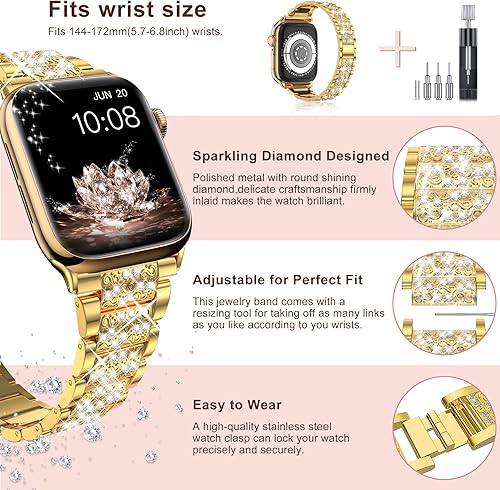 Miniatura 3 de LELONG Correa de repuesto para Apple Watch de 1.772 in, 1.732 in, 1.654 in, 1.929 in, serie 8, 7, 6, 5, 4, 3, 2, 1, SE Ultra, con diamantes de