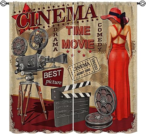 Cortinas retro de cine de los años 80, póster, vestido rojo, película de cámara de cine de los años 90, tratamiento de ventana para cine en casa,