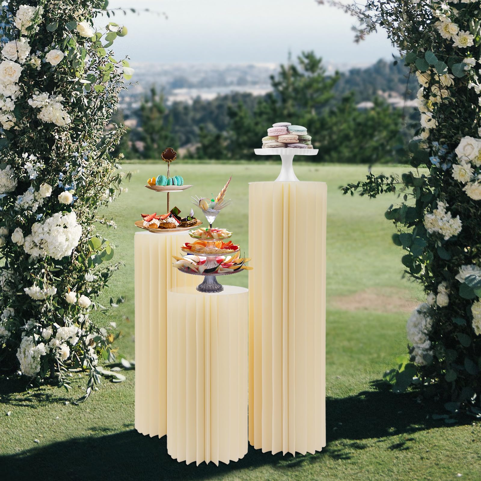 3 unidades de cartón plegable para boda, soporte de cilindro redondo, soporte de base, soporte de flores, decoración para bodas, fiestas, jardín, decoración de jardín (profundidad x altura): 30 x 60