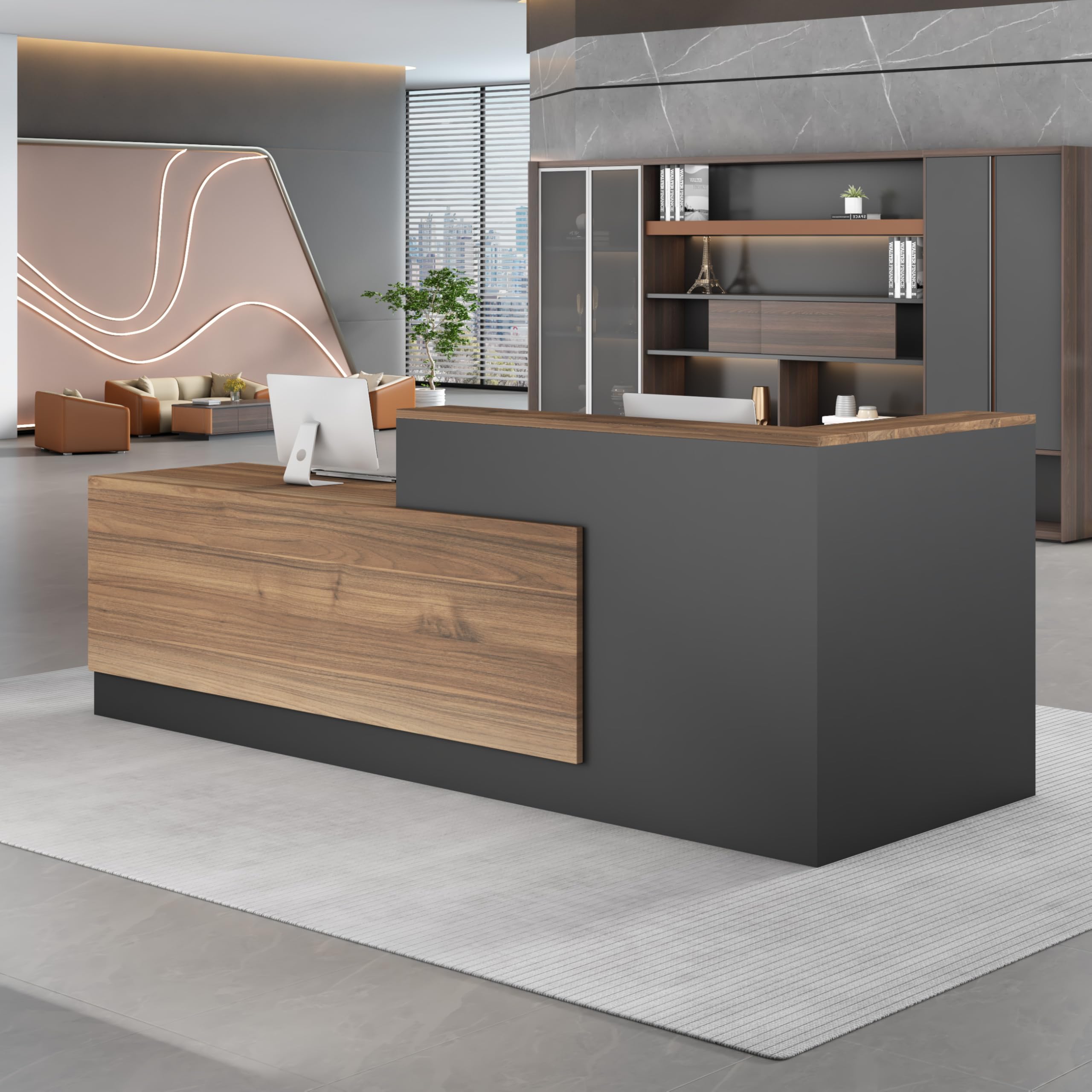 UKETO Moderne Empfangstheke aus Holz - L-Form Empfangstresen für Büros multifunktionaler Empfangstisch mit großzügigem Stauraum Geeignet für Büros Rezeptionen Hotels (Links hoch-A 160CM)