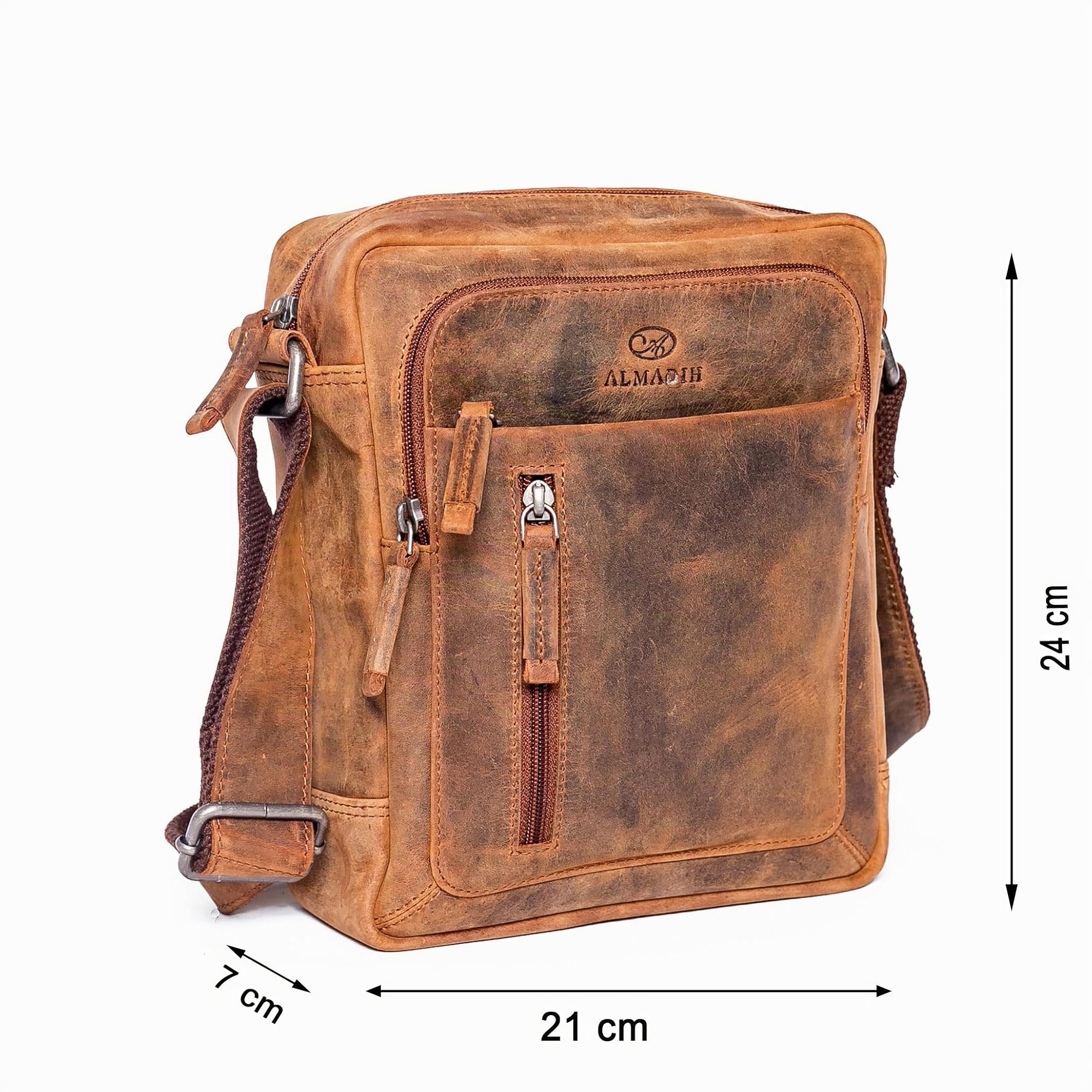 ALMADIH Leder Umhängetasche FINN Premium Rindsleder – Kompakte Messenger Schultertasche Freizeittasche City Bag Tablet Ledertasche kleine Herren Damen Unisex Tasche vintage