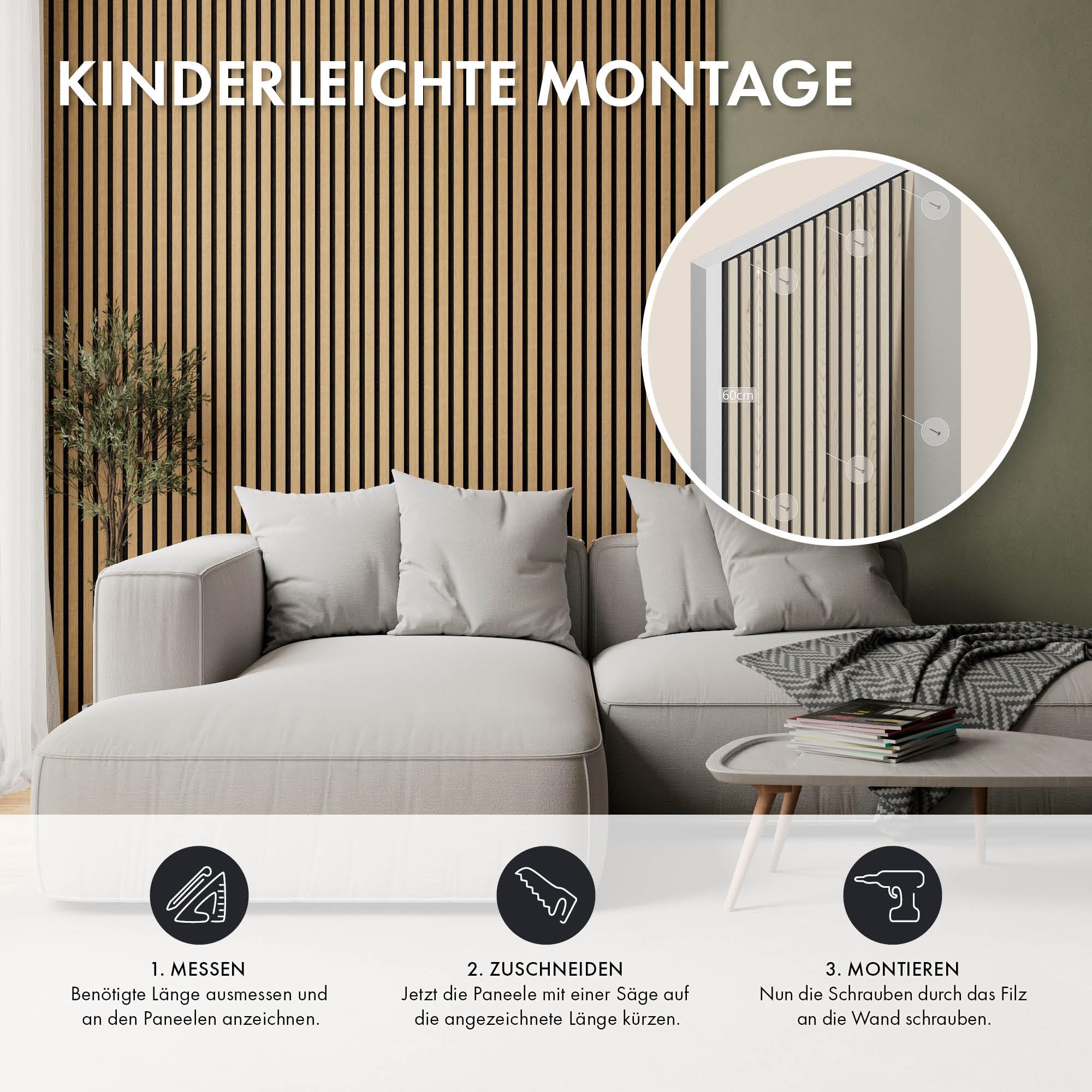 Momento Akustikpaneele Holz 240x50 cm - Made in Germany - Eiche Natur - Wandverkleidung Innen Wandpaneele Holzoptik - 3D Lamellenwand Paneele - Akustik Holzpaneele Wand Holzverkleidung Panel