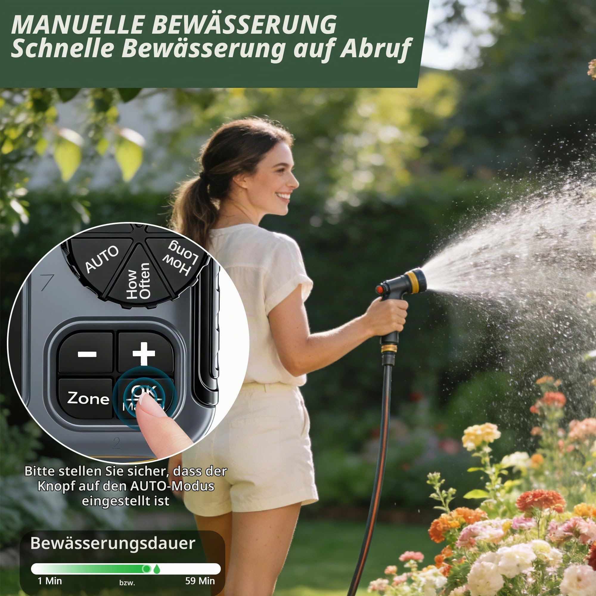 IPX5 Bewässerungscomputer 2 Ausgänge,Messing-Einlass und -Auslass,Automatische Bewässerung Wasser Zeitschaltuhr mit Regenverzögertem Manuellem Wasserhahn-Zeitschaltuhr für Garten Rasen