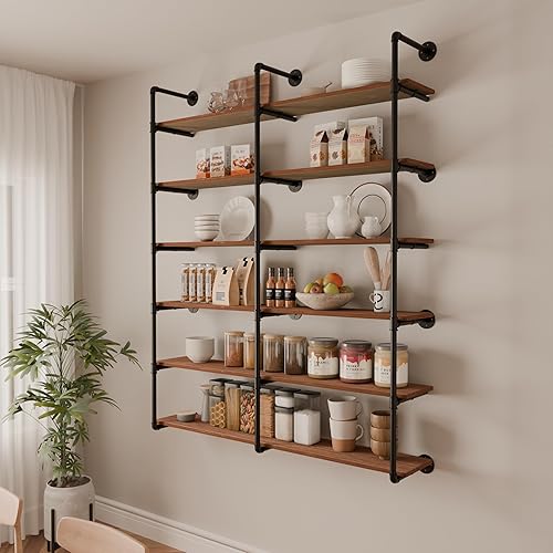 Miniatura 2 de Estantes industriales de 6 niveles con tablones de madera, estantería de tubo de hierro de 60 pulgadas, estantería retro montada en la pared,