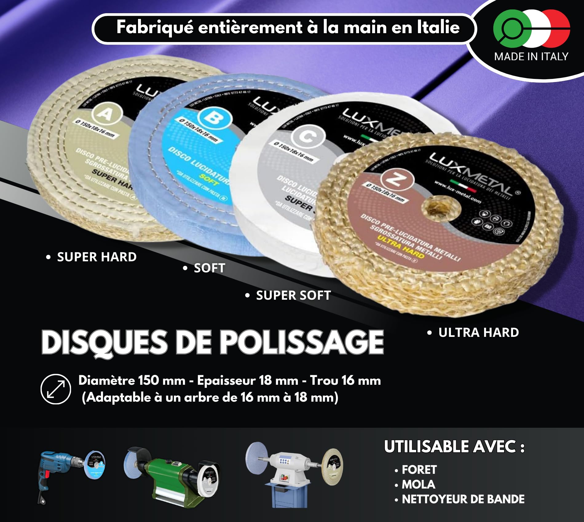Kit 4 Disques de Polissage de 150 mm et 4 Pâtes Abrasives de 250 gr - Parfaits pour polir des métaux tels que l'aluminium, le fer, l'acier inoxydable, le laiton, le cuivre, l'or, le marbre