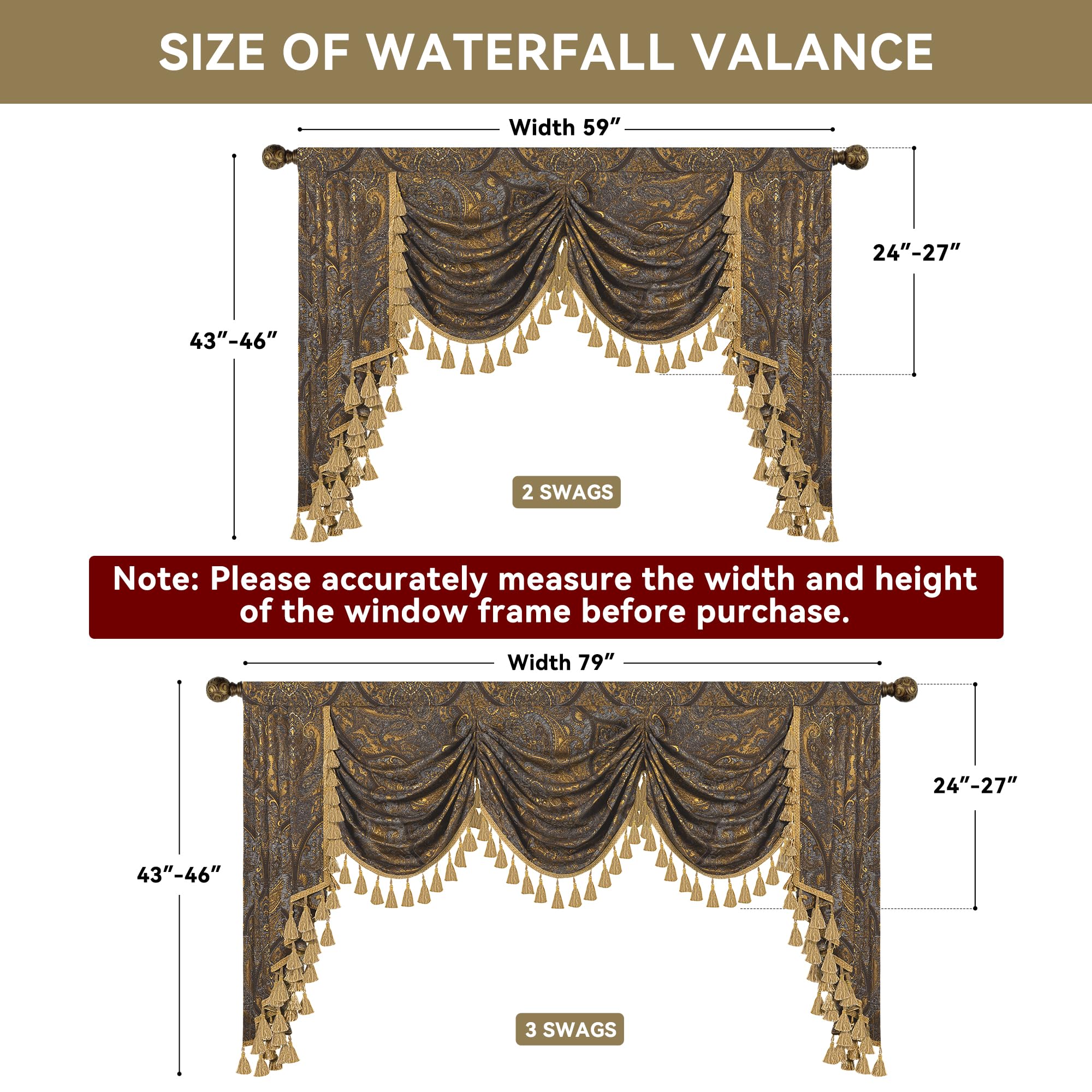 Loom and Mill Luxuriöser Jacquard-Wasserfall-Volant für Wohnzimmer, Klassische antike Fenstervolant mit Quasten, bronzefarbene Girlande für Schlafzimmer, Bankett, Urlaubsdekoration (200 cm, 1 Panel)