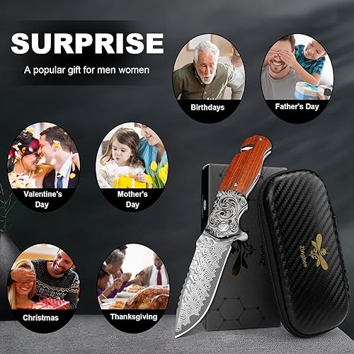 Miniatura 6 de Navaja de bolsillo con rompecristales, cuchillo plegable EDC Damasco con cortador de cinturón de seguridad, 3.35 pulgadas VG10 de hoja de acero de