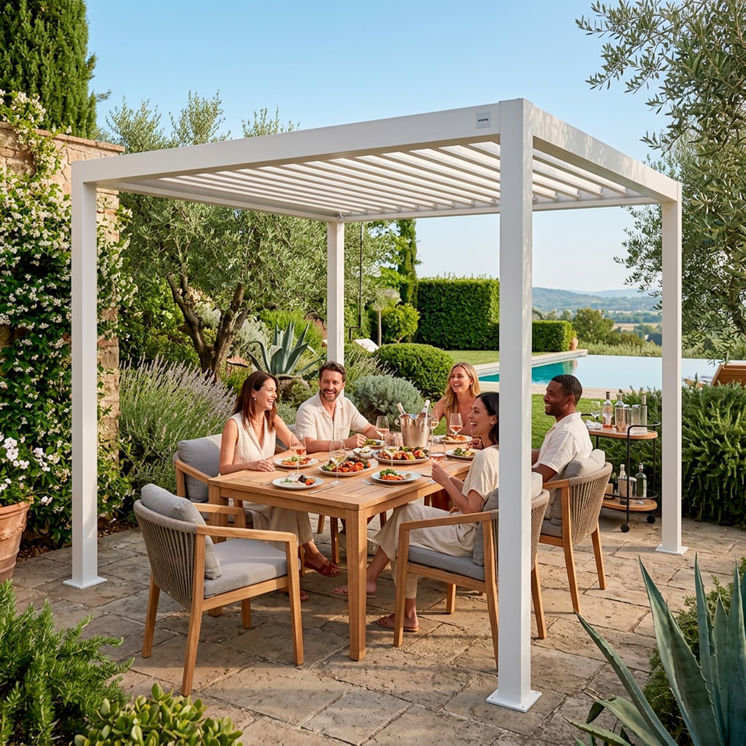 Pergola Bioclimatica 3x4 Metri Gazebo Con Tetto A Lamelle Orientabili Sistema Di Drenaggio Struttura In Alluminio E Acciaio Resistente Ai Raggi UV Per Giardino Terrazza E Piscina Bianco Opaco