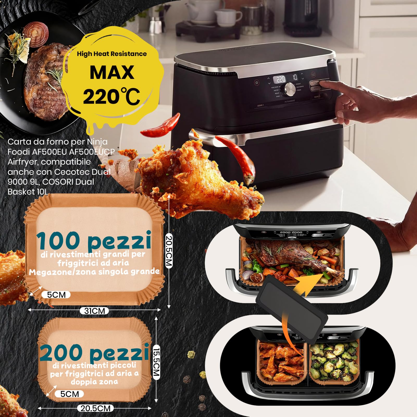 300 Pezzi Carta Forno Friggitrice ad Aria per Ninja Foodi Flexdrawer 10,4L, Accessori per Ninja Foodi AF500EU AF500EUCP Airfryer, Carta da Forno Airfryer per Cosori Dual Blaze TwinFry 10L/ Cecotec 9L
