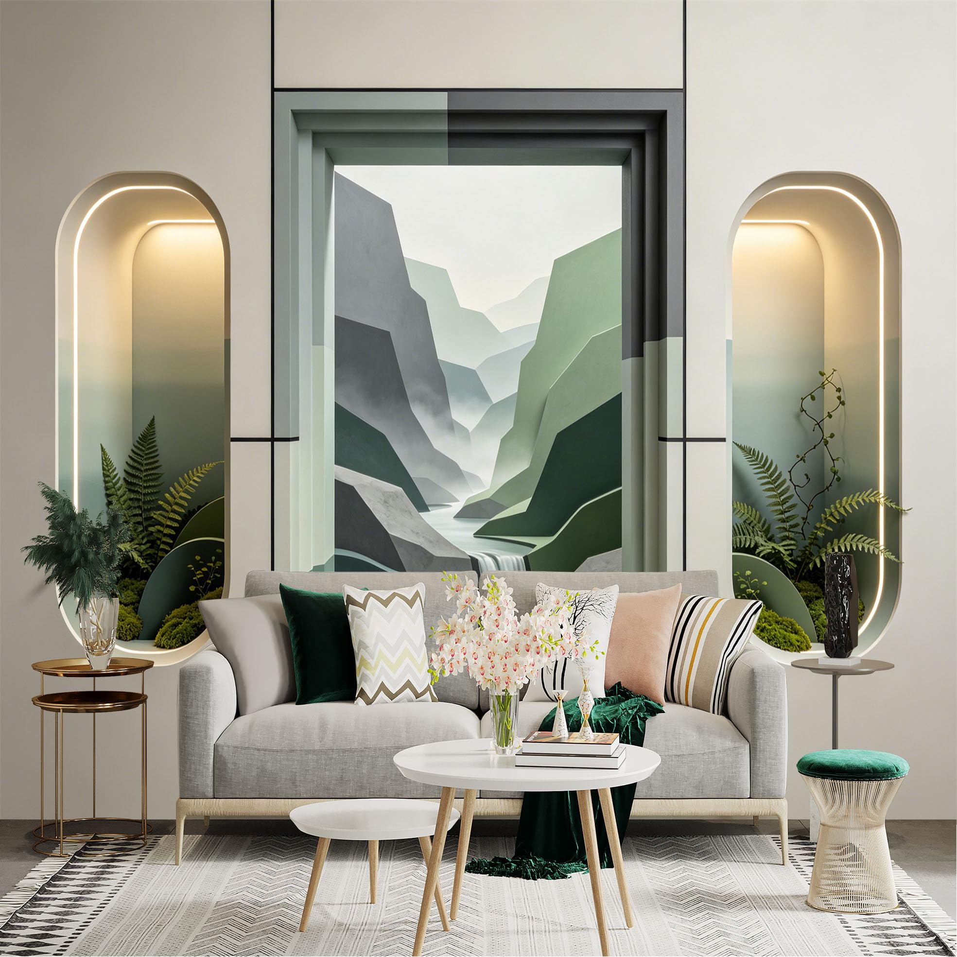 Custom Size Wall Sticker Mural， Abstract Mountain Valley with Waterfall and Misty Landscape， for wall Decoration， peelandstick wall Decals.