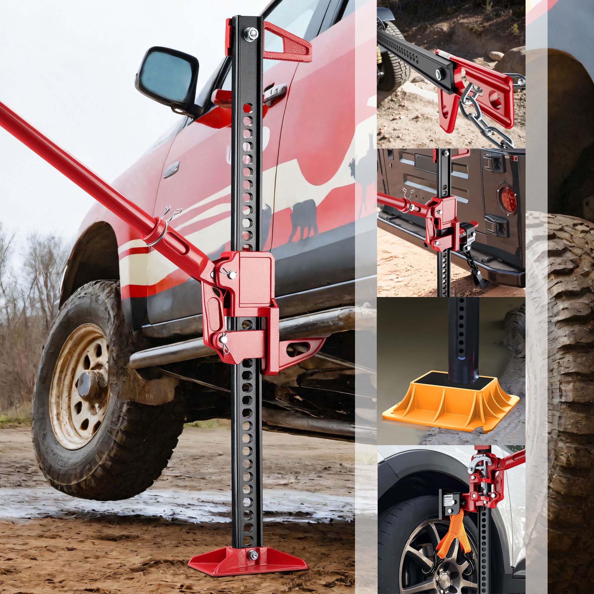 Wiltec Podnośnik samochodowy – Zestaw do SUV/Offroad, komplet z lewarkiem hydraulicznym do 3000 kg i płytą pod lewarek, adapterem kołowym zderzakowym i klamrą wciągarki