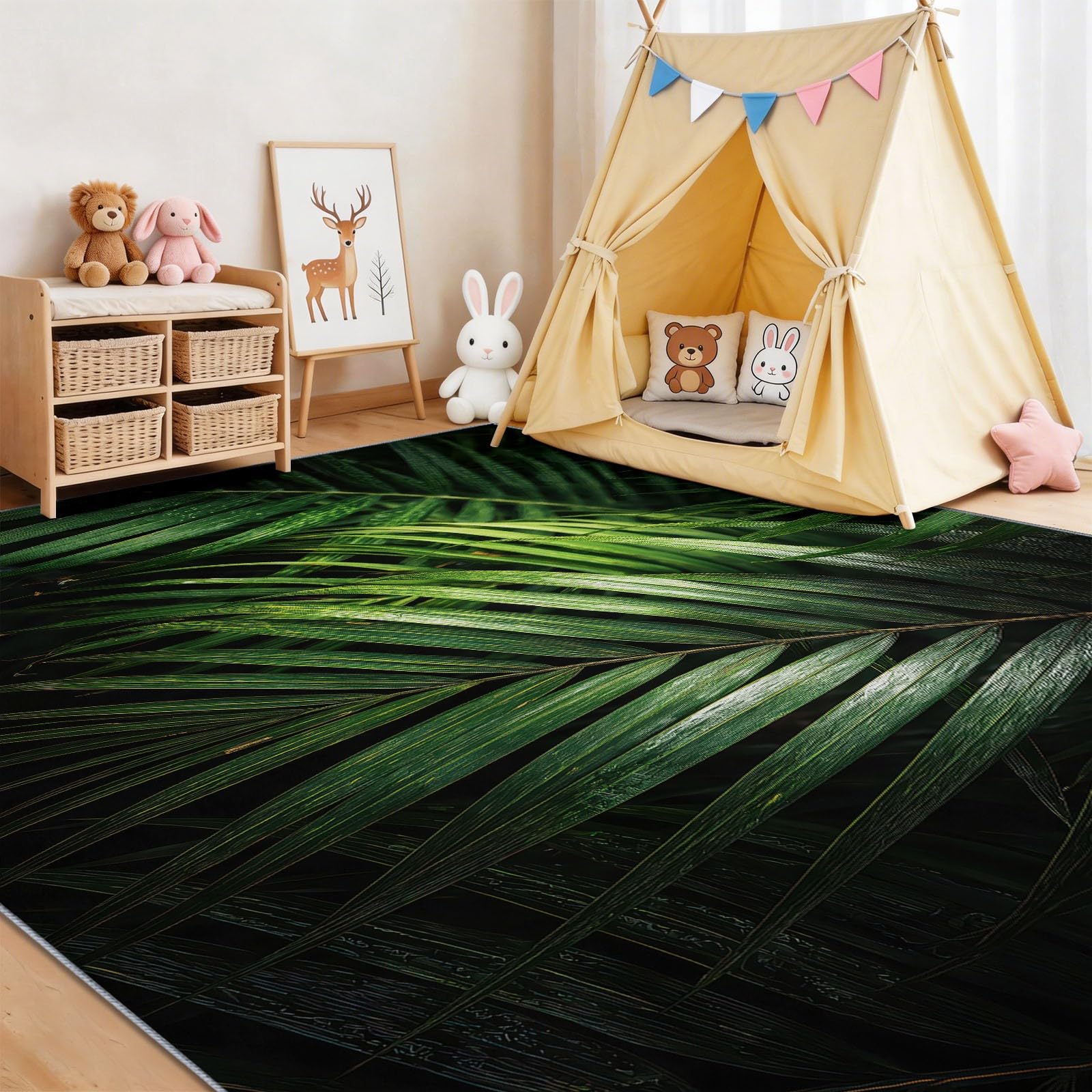 Tapis Chambre Salon Feuilles Palmier Feuilles Tropicales Lumière Ombre Doux Antidérapant Lavable en Machine Tapis Décoratif de Style Photographie Nature pour Entree Interieur, 180 x 240 cm Vert