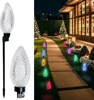 AWQ 10 LED 24.6FT Christmas Pathway Lights, Multi & Warm Color Pinecone Marker Lights with 10 Steel Stake & 11 Modes, Connectable Ground Light for Lawn, Patio, Walkway, Sidewalk (10)