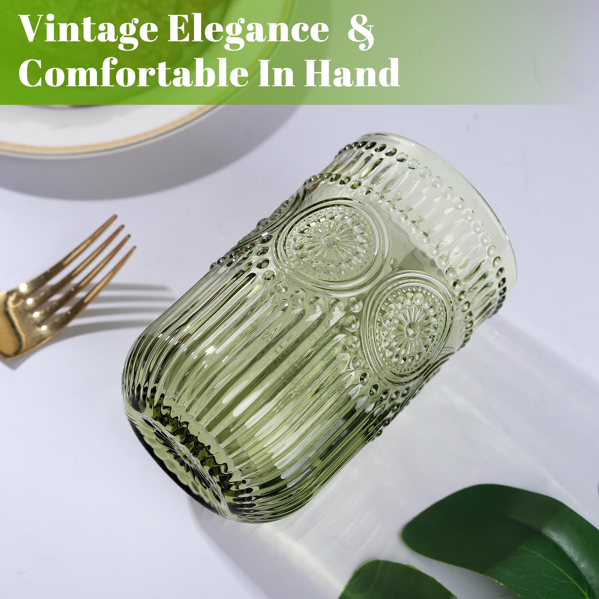 Joeyan Drinkglazen set van 4, 410ml/14oz vintage reliëf bloemen highball glazen waterbeker, gekleurde hoge glaswerk dranken kopjes voor whisky, cocktail, bier, sap, thee, wijn, veelkleurig