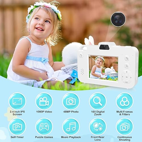 Miniatura 2 de Cámara digital para niños, cámaras digitales de 48MP 1080P para apuntar y disparar con doble lente, cámara pequeña compacta con zoom de 16X para