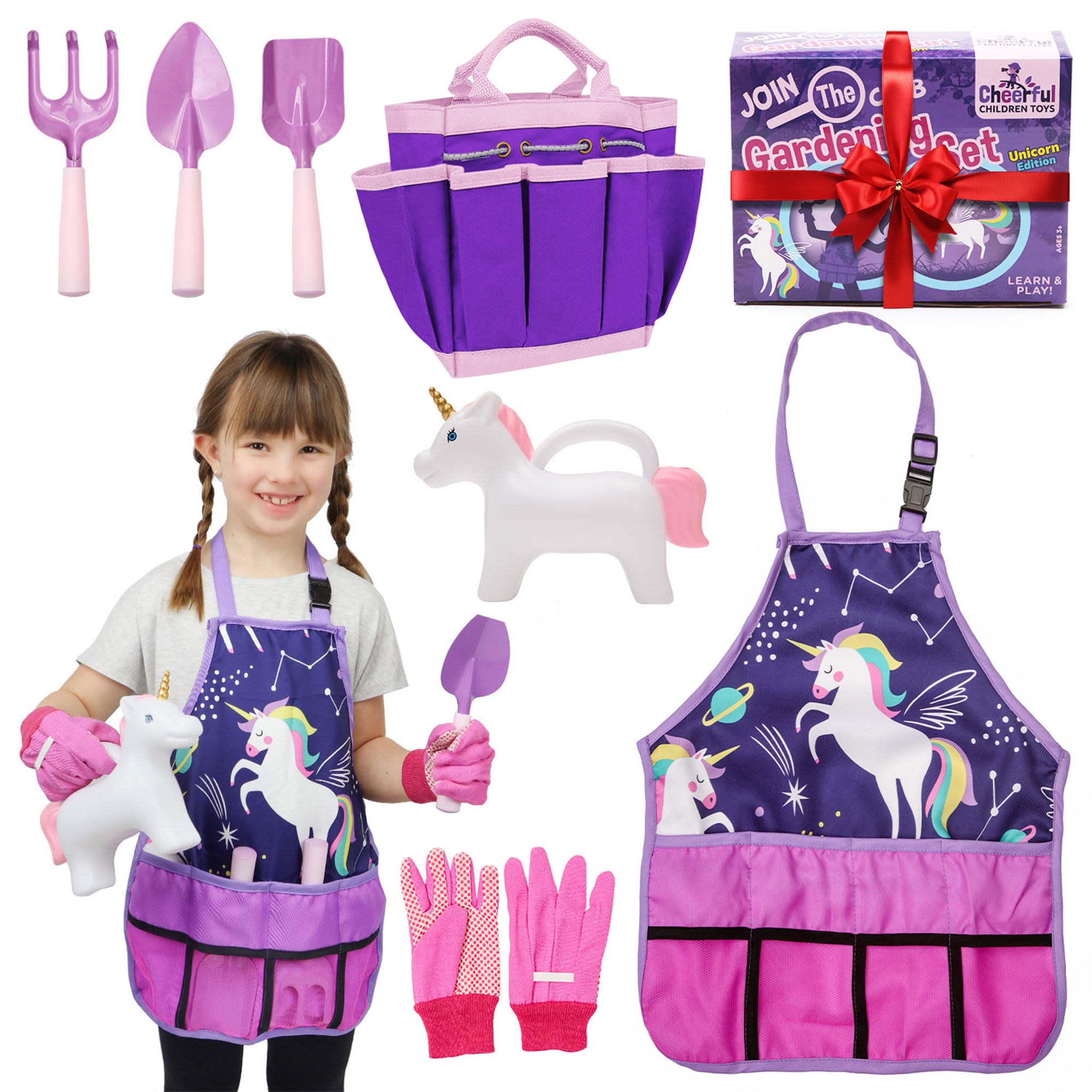 Kids Gardening Set – Gardening Tools for Kids with Watering Can, Shovels, Rake, Gloves & Apron – Planting Outdoor Activity for Ages 3-7, Unicorn Themed Gardening Set for Girls