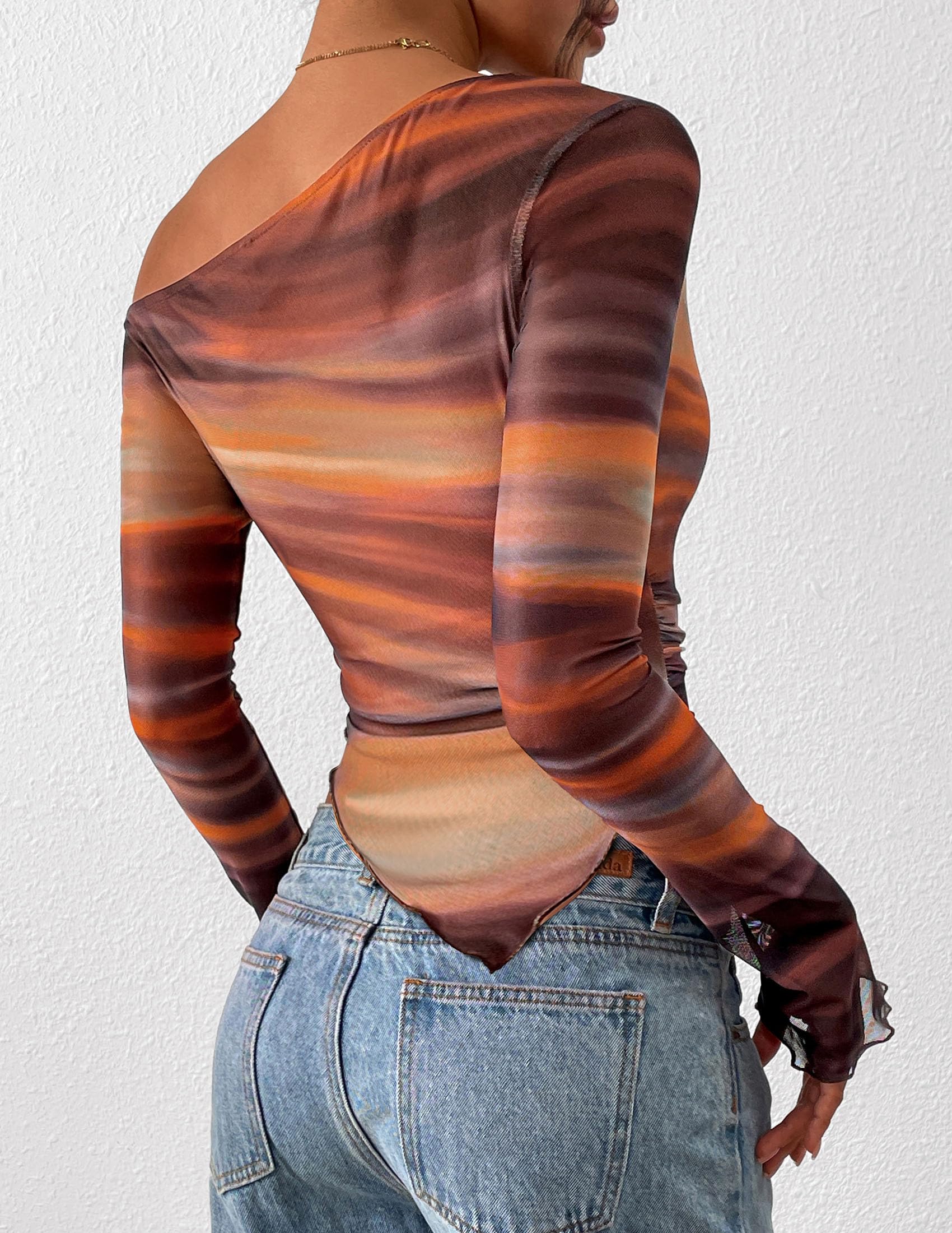 PRETTYGARDEN Womens Fall Trendy Off Shoulder Y2k Tops 2026 Tie Dye Mesh Long Sleeve Shirts Asymmetrical Ruched Floral Blouse