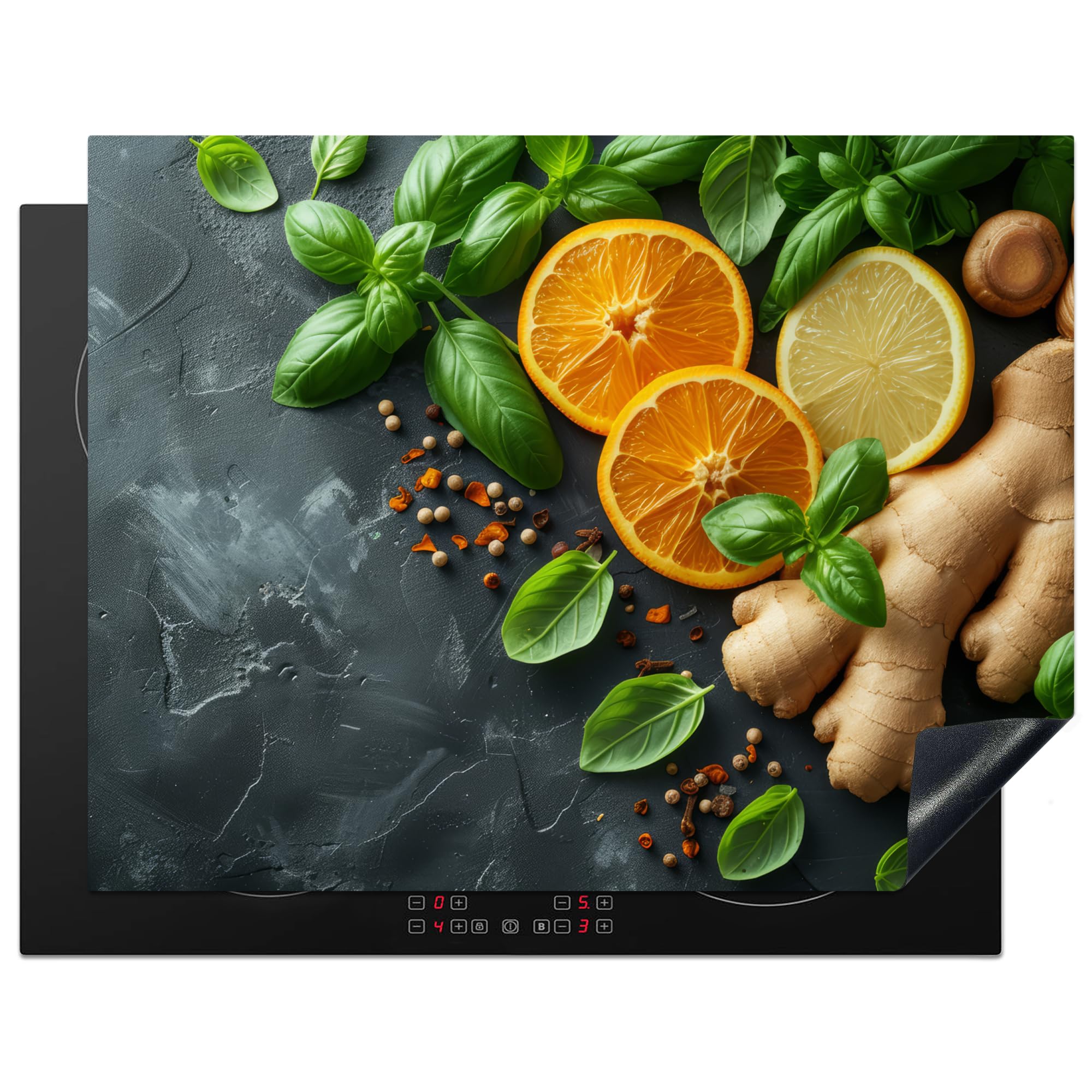 KitchenYeah© Induction Hob Cover Protector Mat 23.2"x30.3" / 77x59 cm Kitchen Universal Ceramic Covers for Electric Cookers Vinyl Spices - Fruit - Concrete - Ginger - Leaves — image 1