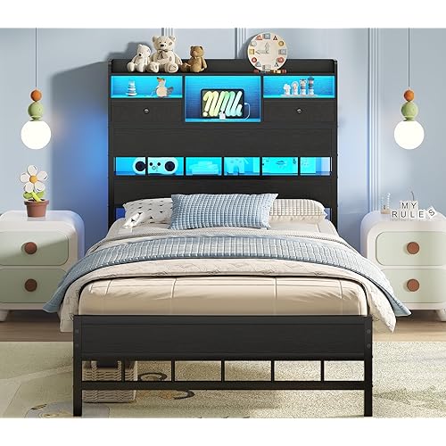 BTHFST Twin Bed Frames with Headboard & Charging Station, LED Bed Frame Twin with 5 Storage Shelves & Under Bed Storage, Platform Bed Frames for Kids, No Box Spring Needed, Black
