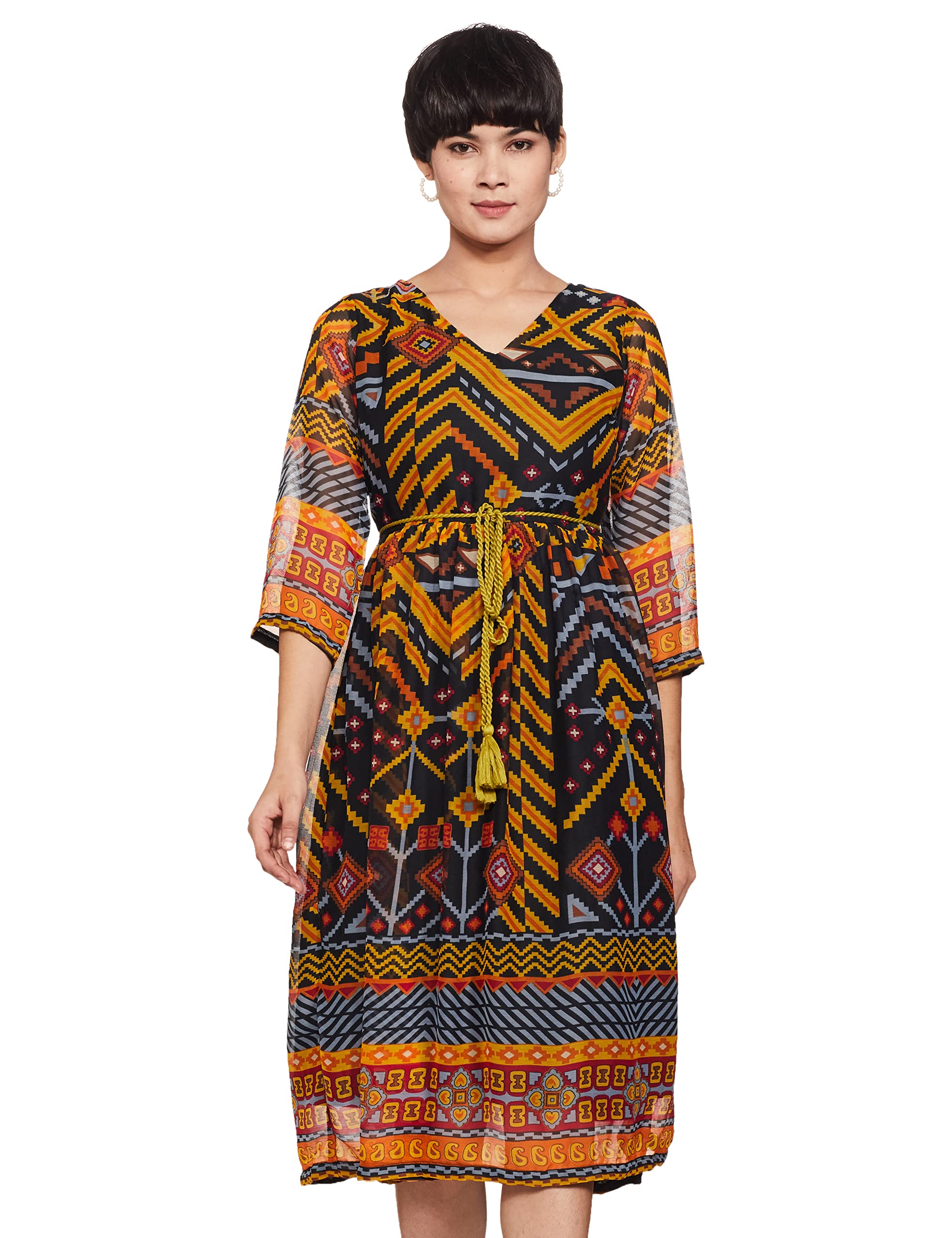 SafanaWomen's Polyester a_line Knee_Length Dress (LDR7544_ILLUSIONPRT_Blue_S)