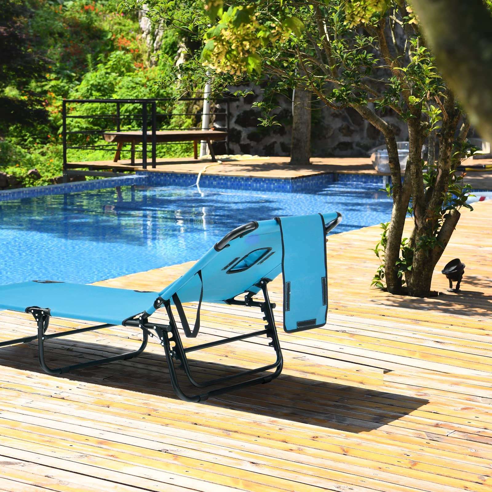 COSTWAY Chaise Longue Pliante, Bain de Soleil Réglable à 5 Positions, Charge 150kg, Trou pour Visage, 3 Coussins Amovible, Tissu Oxford, Sangle, Transat Jardin Exterieur pour Plage Piscine(Turquoise)