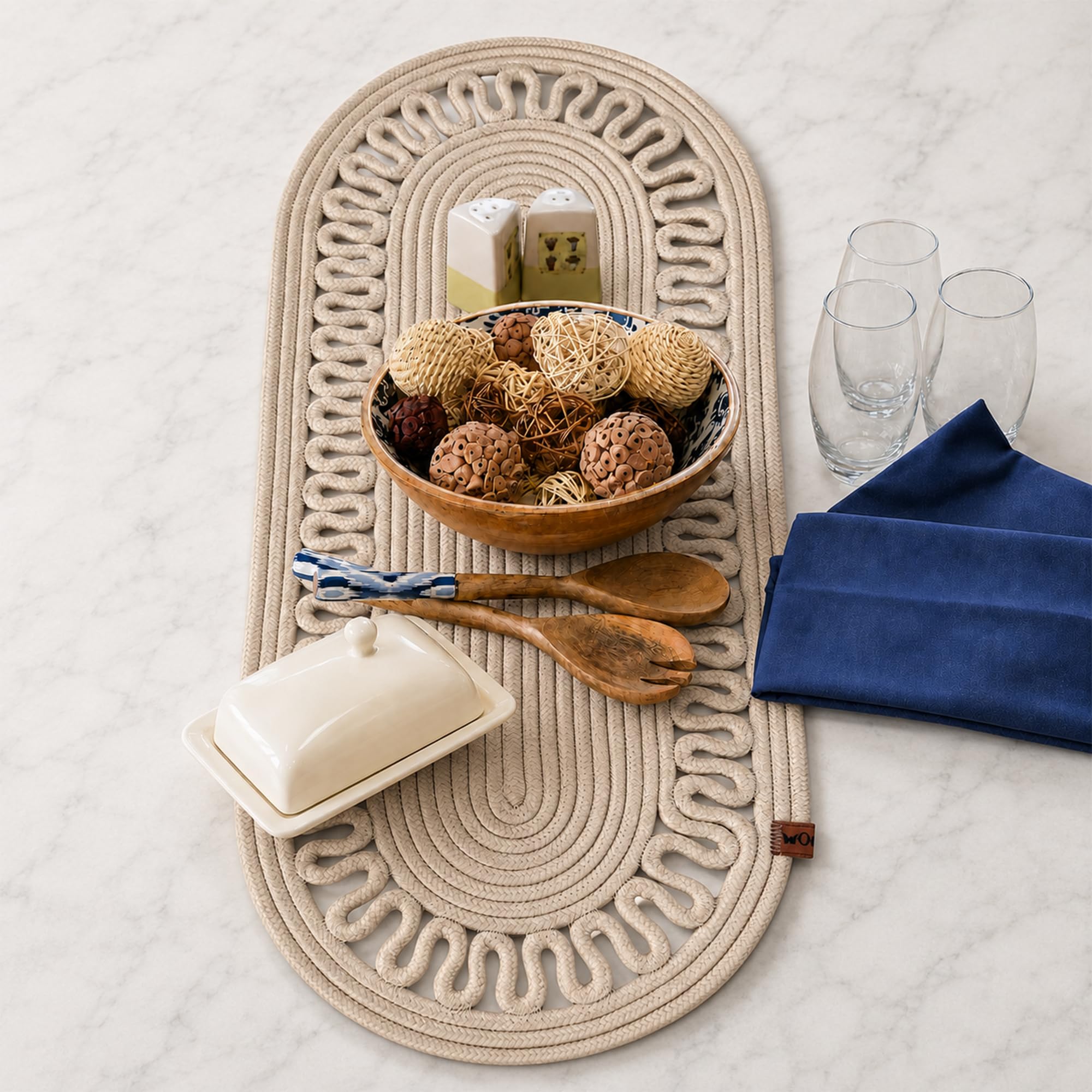 Odiyo Oval Jute Table Runner, Boho Woven Braided Rope, Natural Beige, 30x70 cm, for Dining Table and Coffee Table