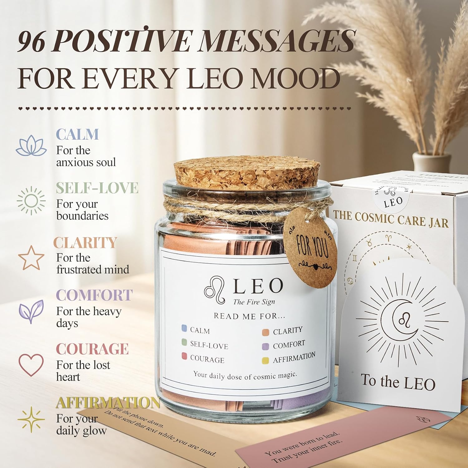 Leo Gifts for Women, Positive Affirmation Jar with 96 Affirmation Cards
