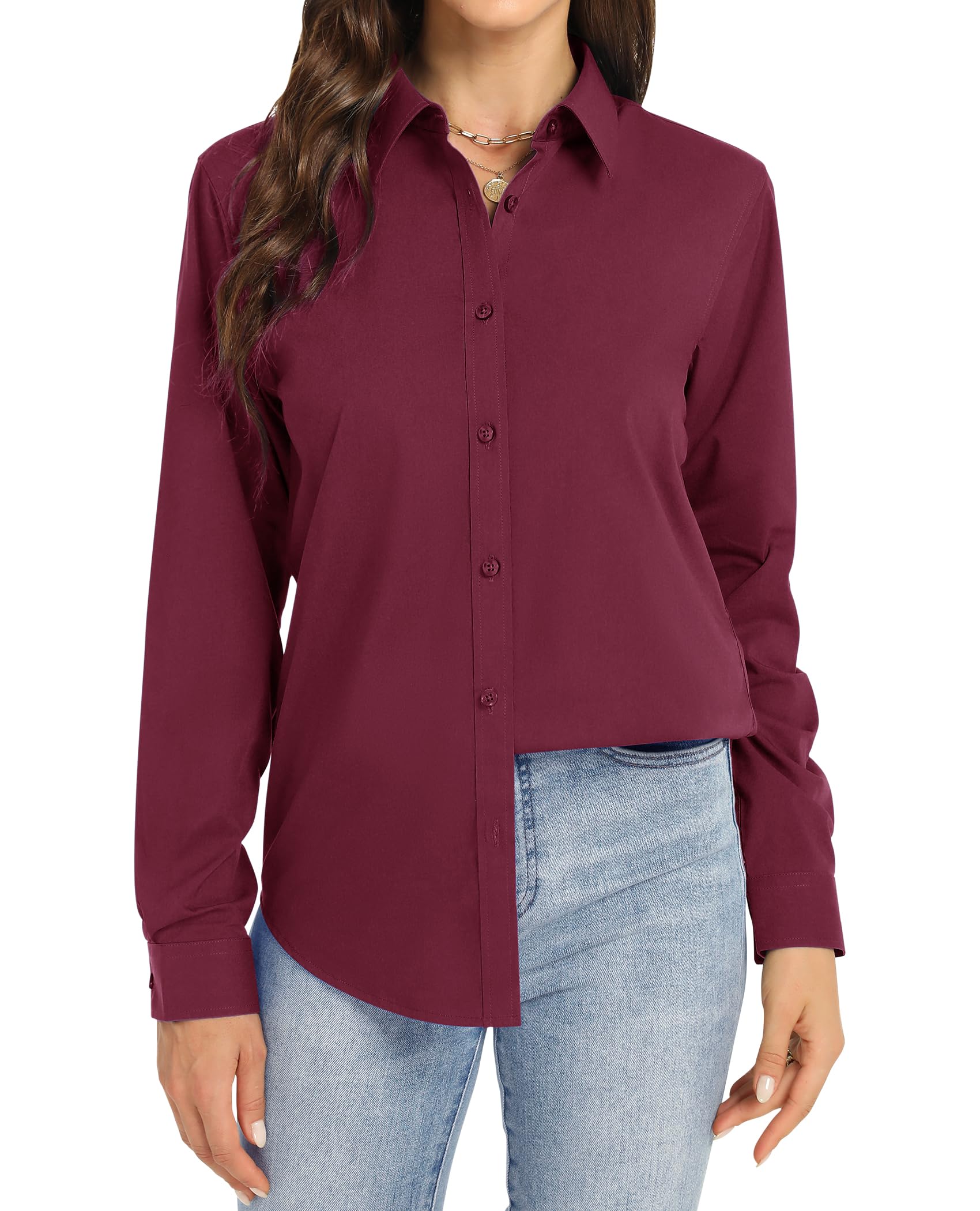 J.VER Bluse Damen Business Bügelfrei Langarmshirt Einfarbig Tops Kragen Baumwolle Oberteile Knitterfreies Damen Hemdbluse Mode Für Damenblusen
